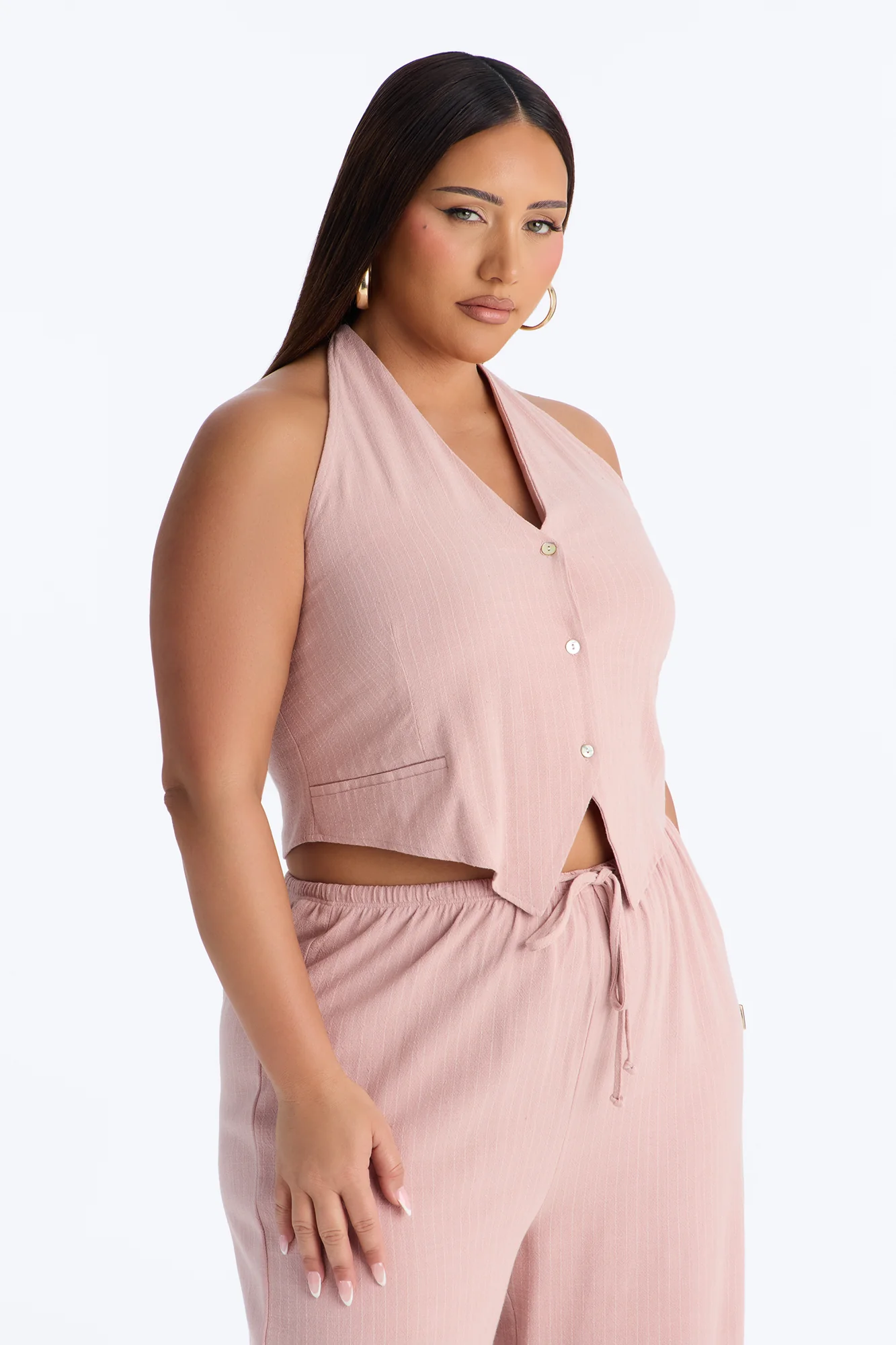 Girl Gone Wild Pinstripe Linen Halter Top - Blush - Image 6