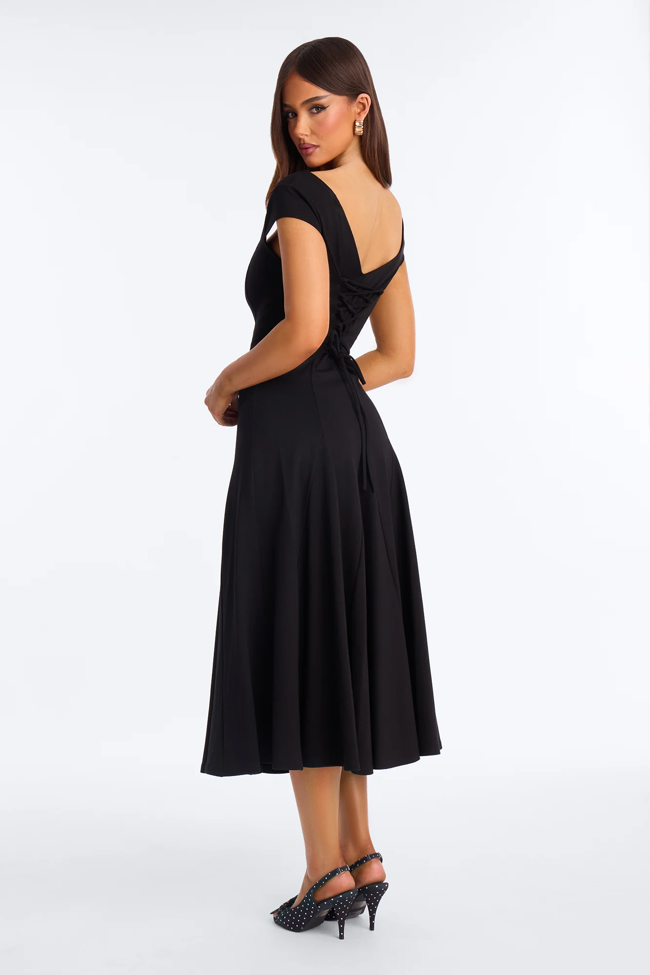 Gisella Lace Up Ponte Midi Dress - Black - Image 3