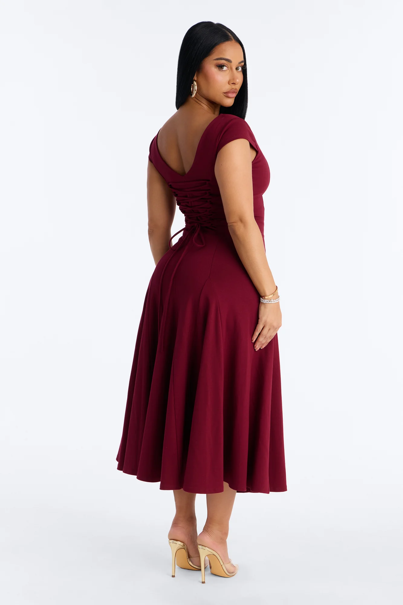 Gisella Lace Up Ponte Midi Dress - Wine - Image 3