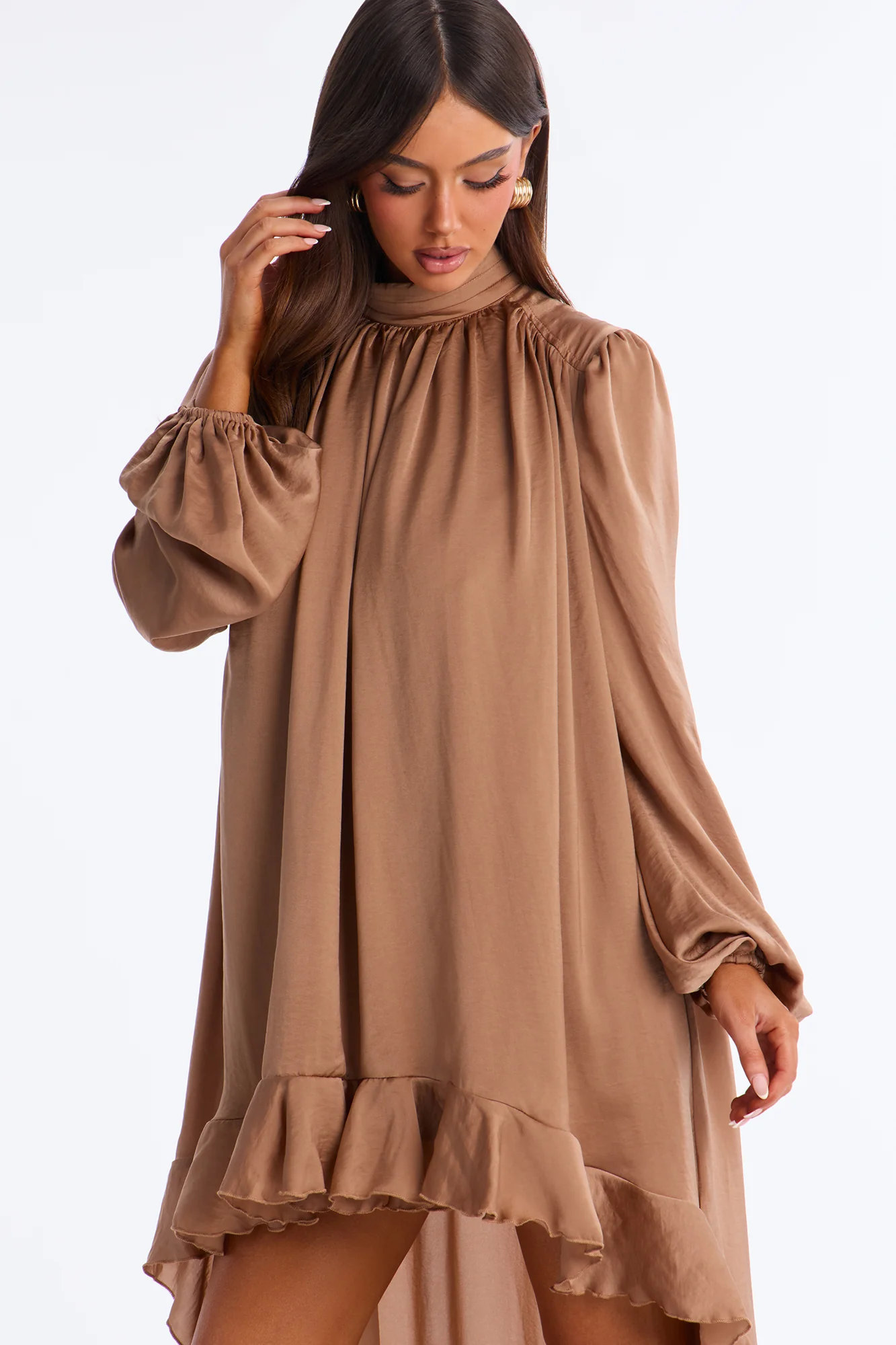 Giselle Long Sleeve Flowy Mini Dress - Mocha - Image 2