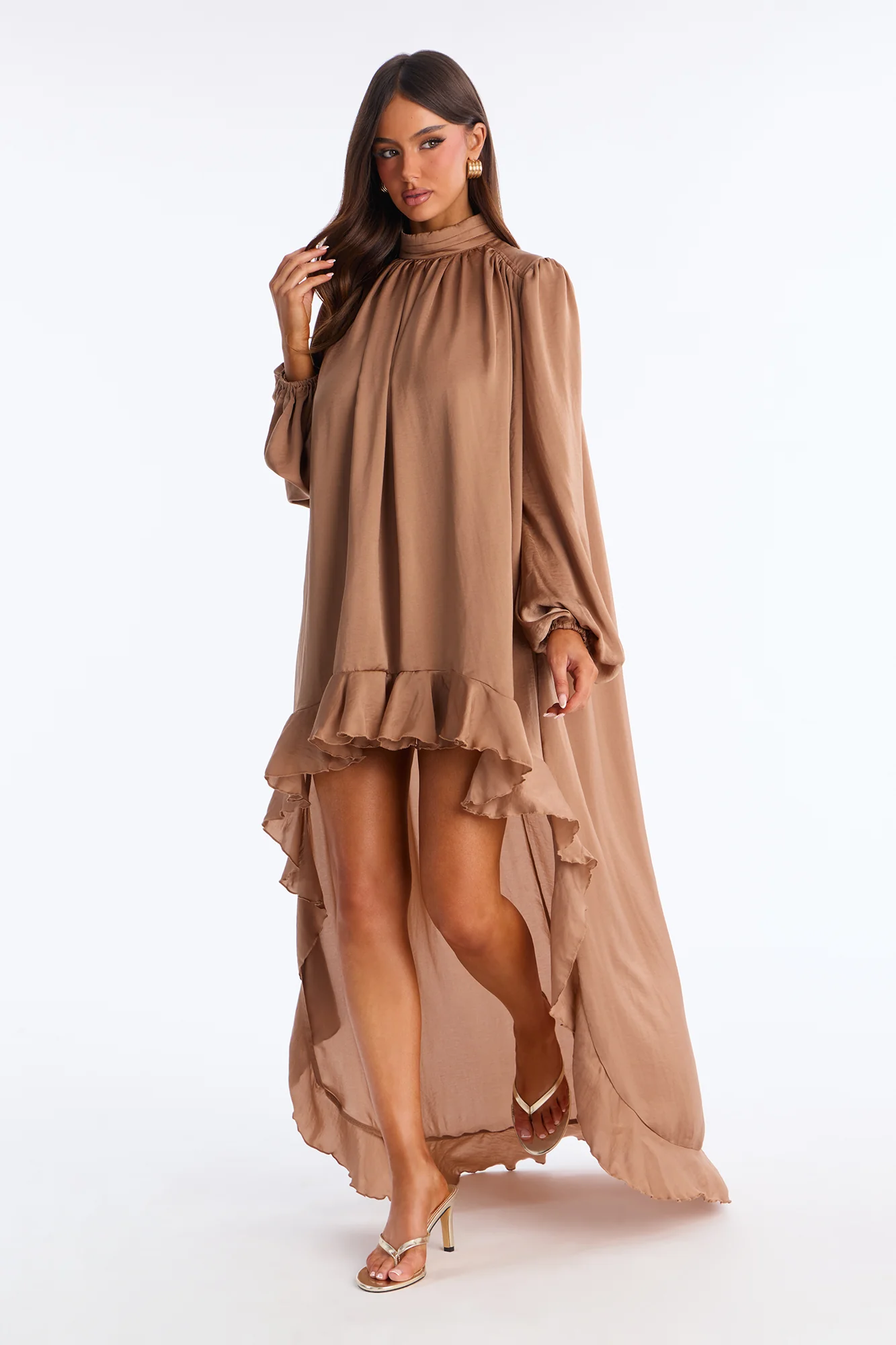 Giselle Long Sleeve Flowy Mini Dress - Mocha - Image 3