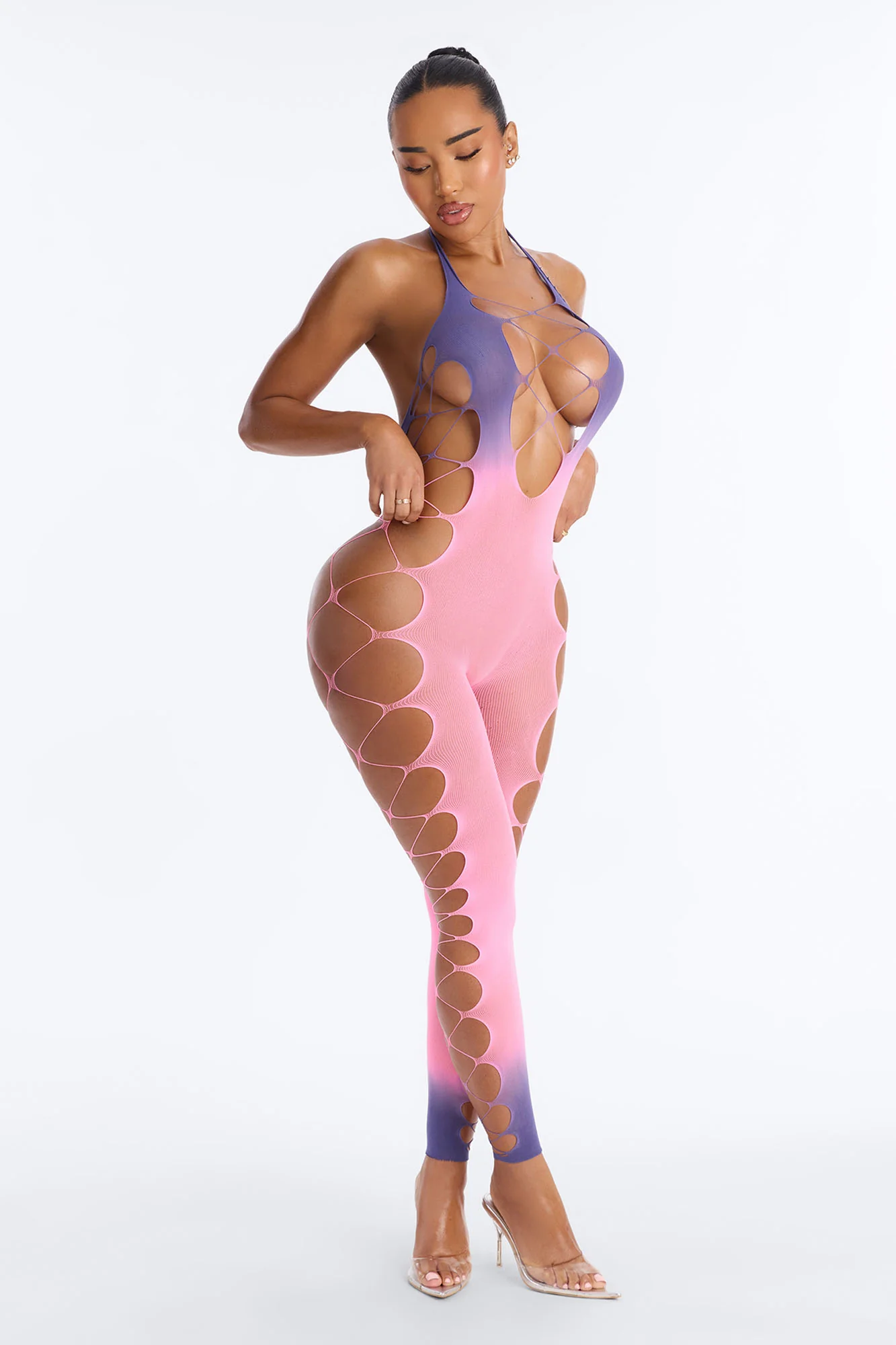 Give In Ombre Fishnet Jumpsuit Bodystocking - Pink/combo