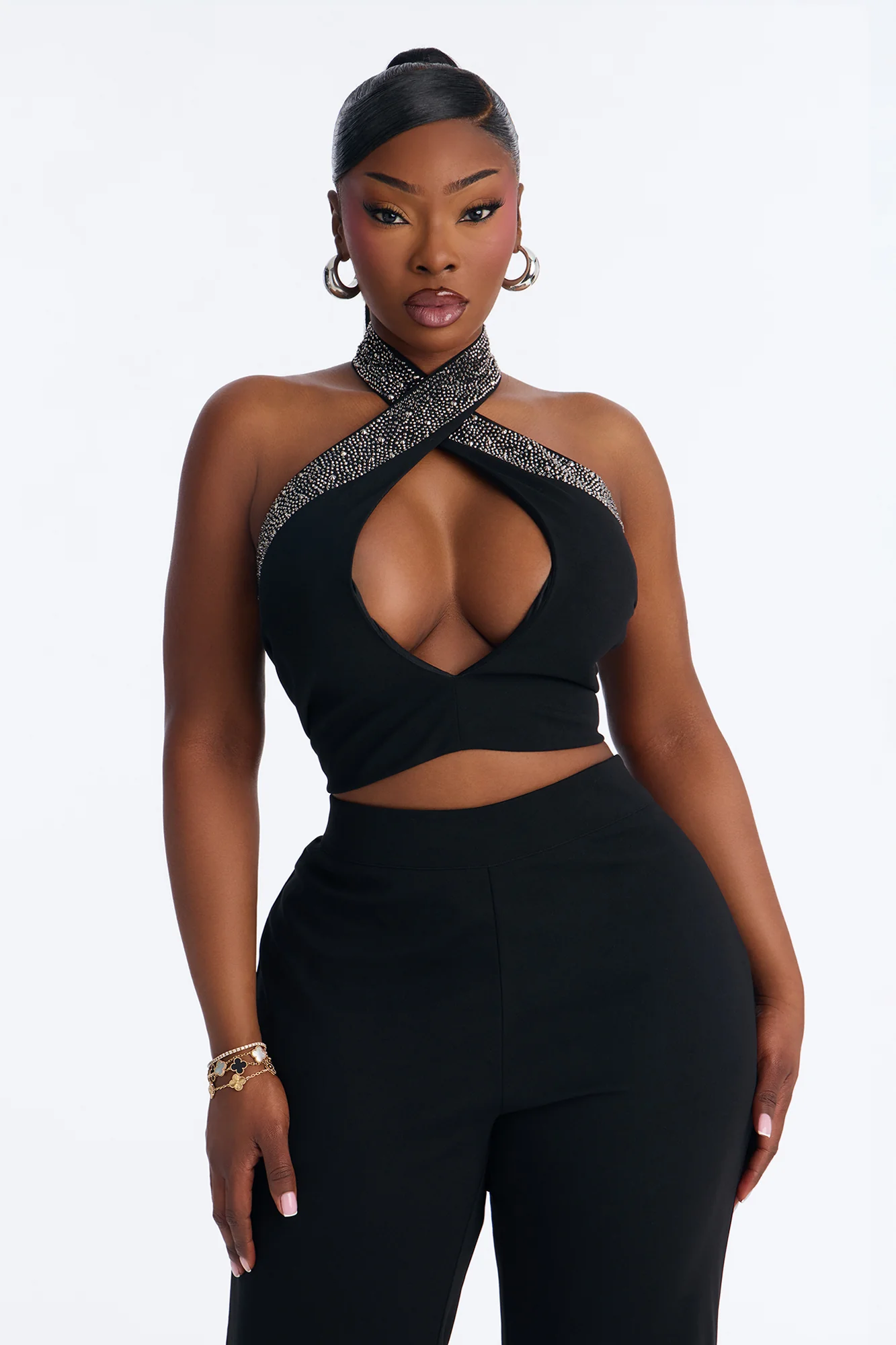 Glam Hour Rhinestone Halter Pant Set - Black - Image 2