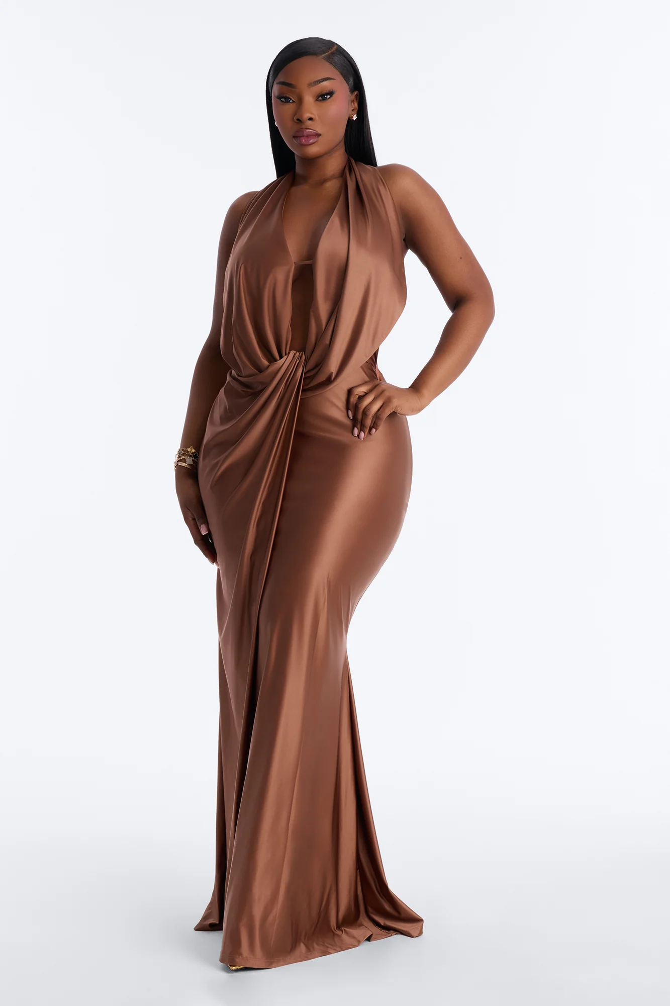 Gloria Draped Satin Gown - Mocha - Image 5