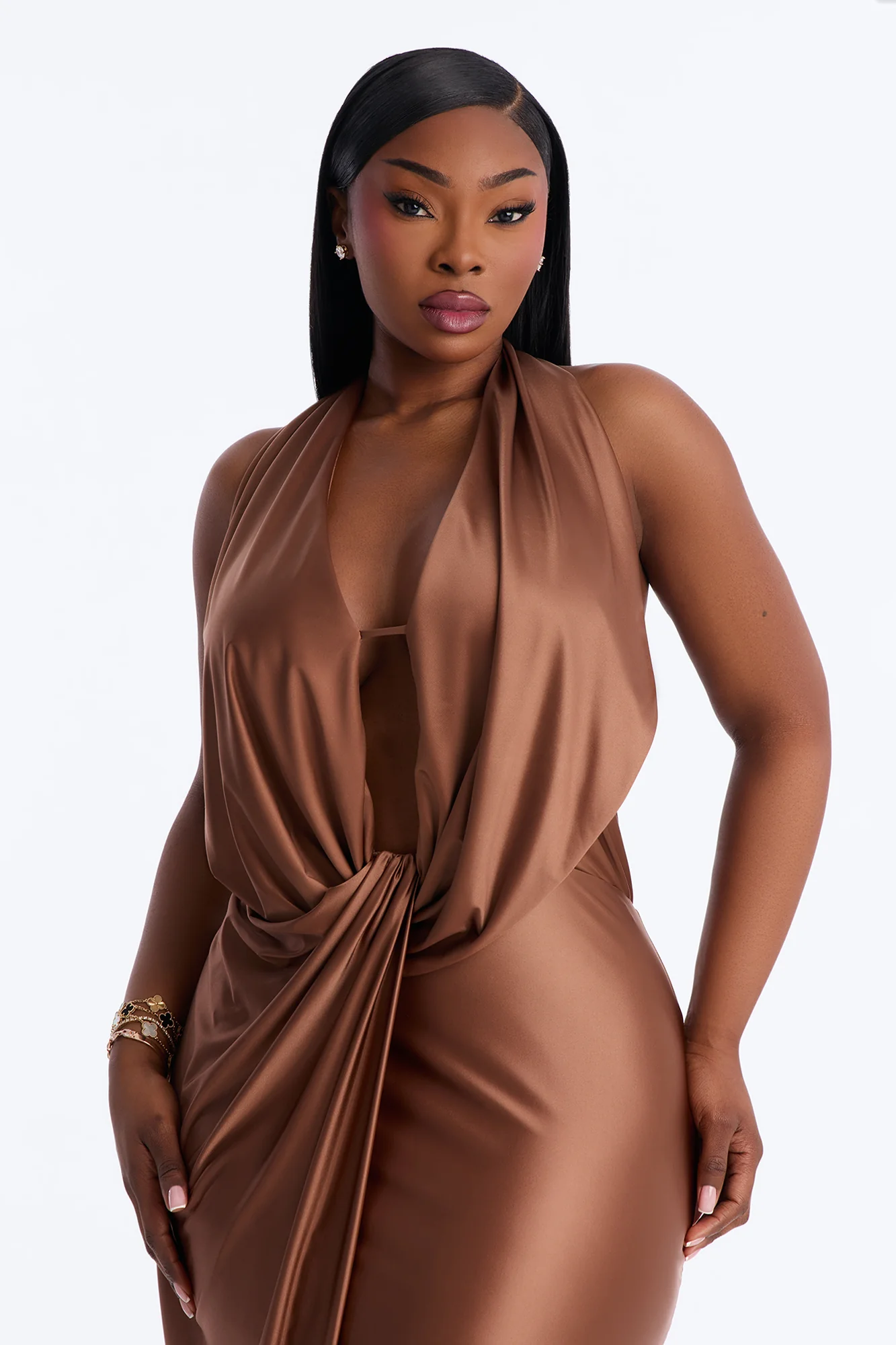 Gloria Draped Satin Gown - Mocha - Image 6
