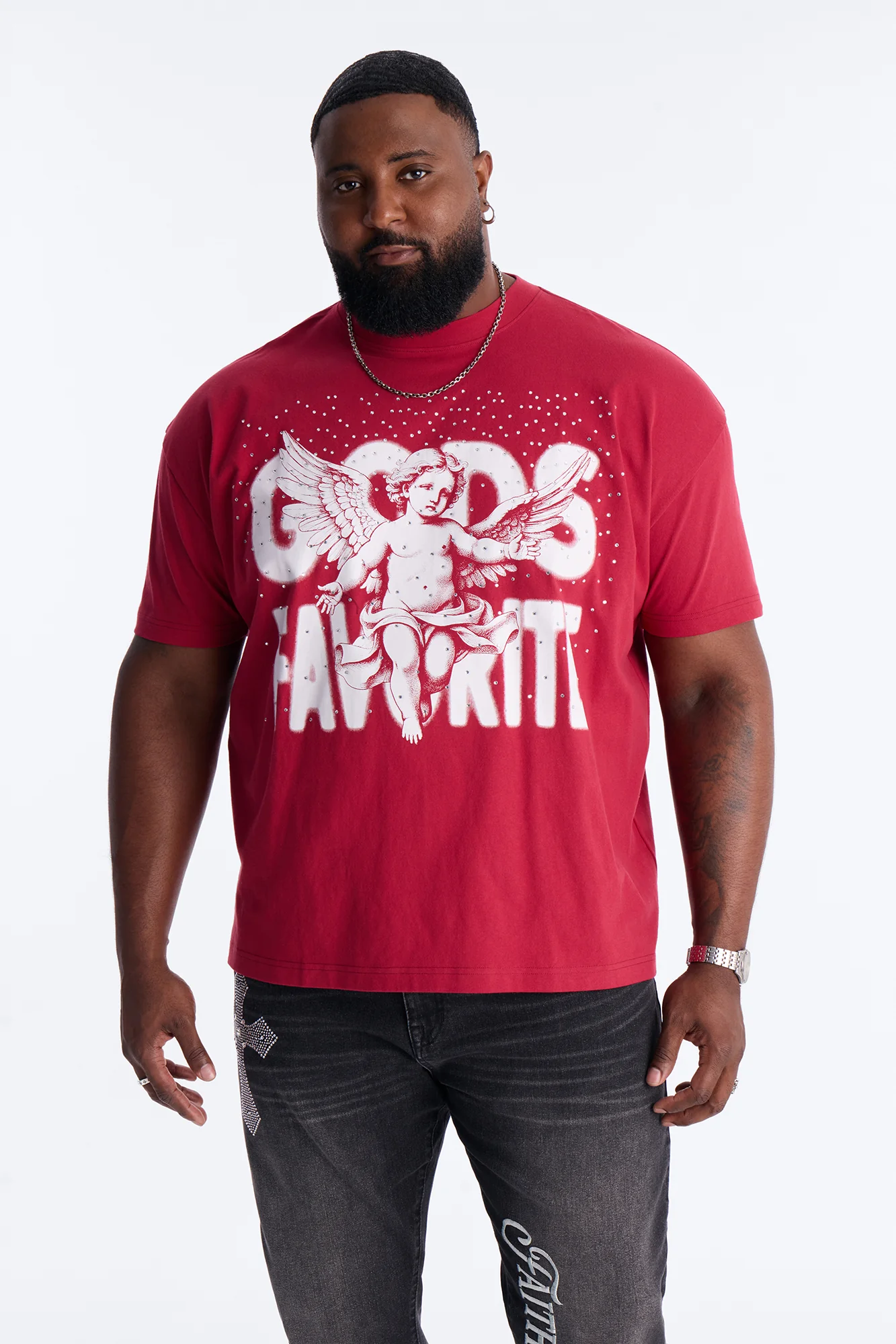 God's Favorite Rhinestones Short Sleeve Tee - Red - Image 4