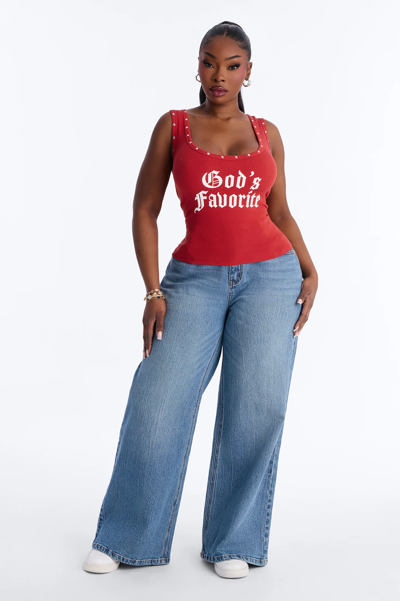 God's Favorite Ribbed Studded Tank Top - Red - Image 6