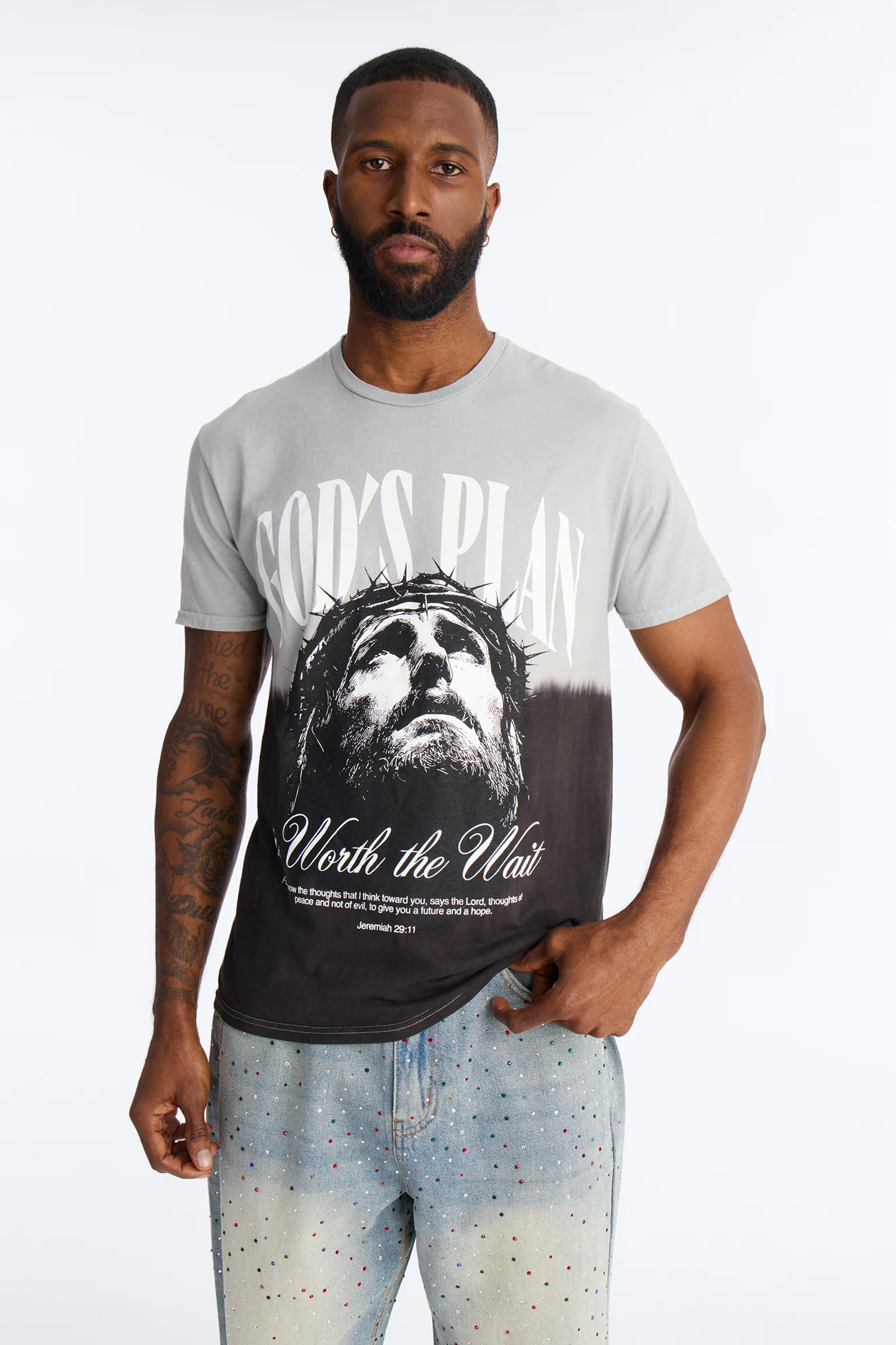 God's Plan Dip-Dye Graphic Short Sleeve Tee - Grey/Black