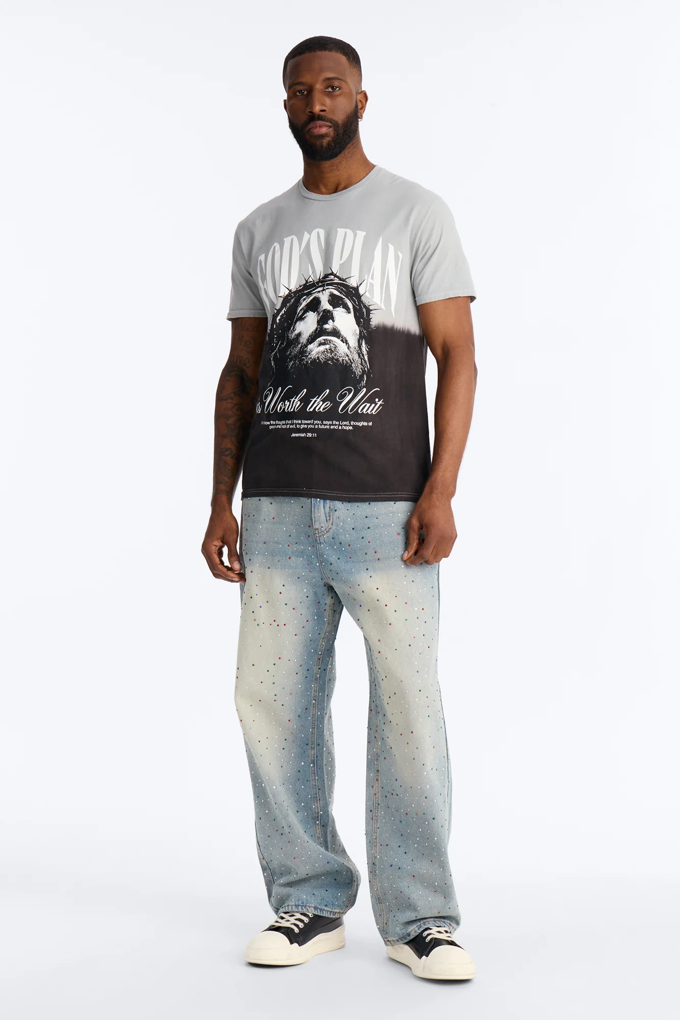 God's Plan Dip-Dye Graphic Short Sleeve Tee - Grey/Black - Image 2