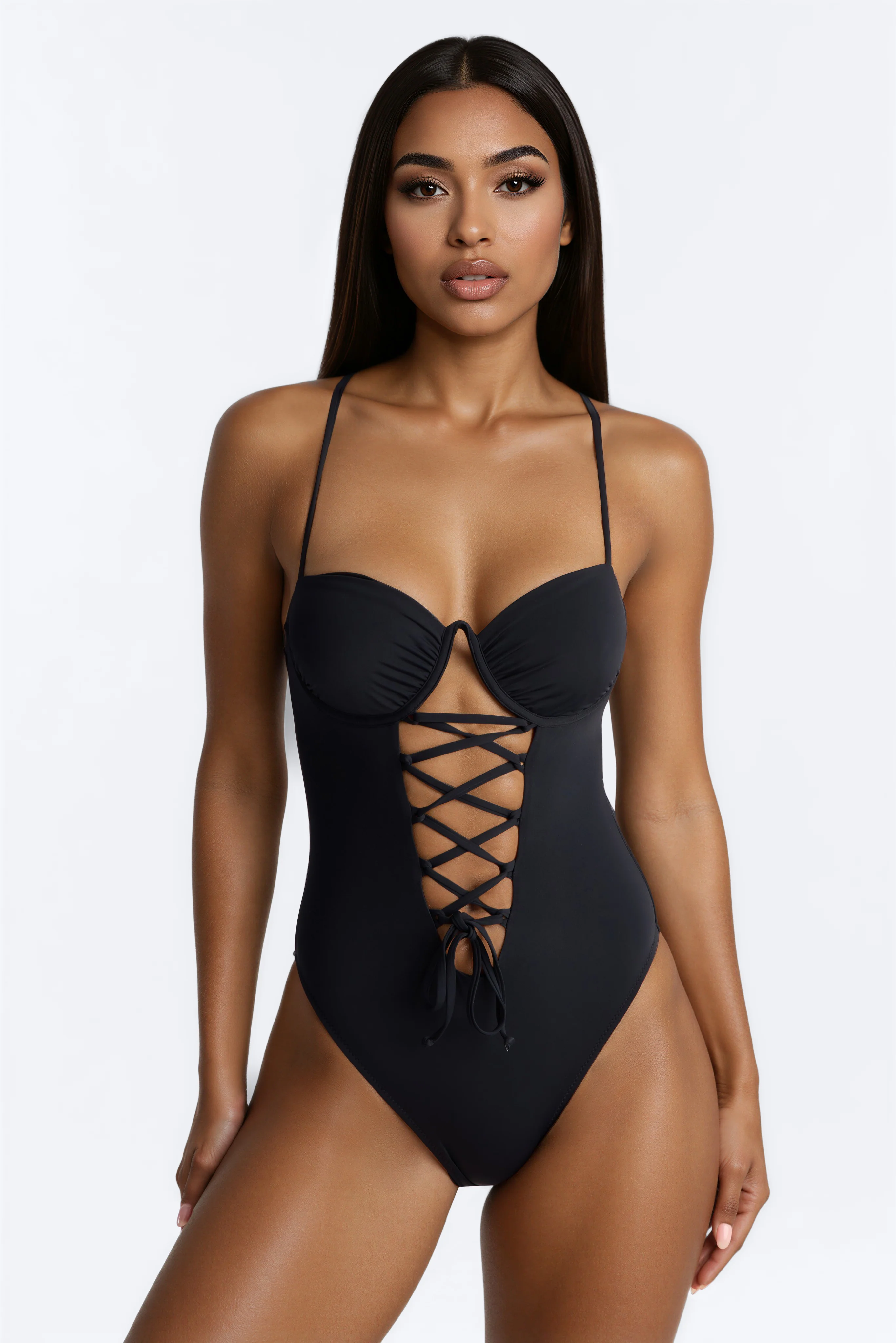 Gold Coast 1 Piece Lace Up Underwire Swimsuit - Black