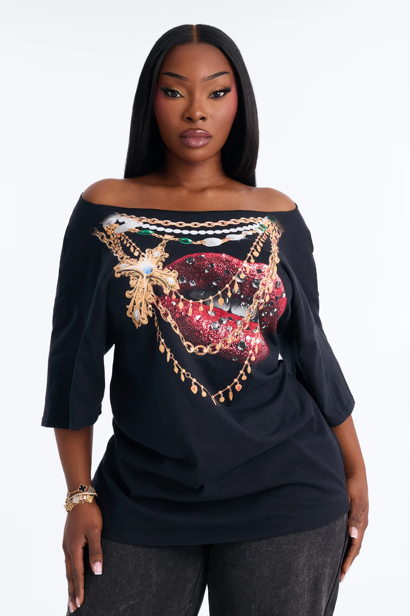 Gold Lips Off Shoulder Tee - Black