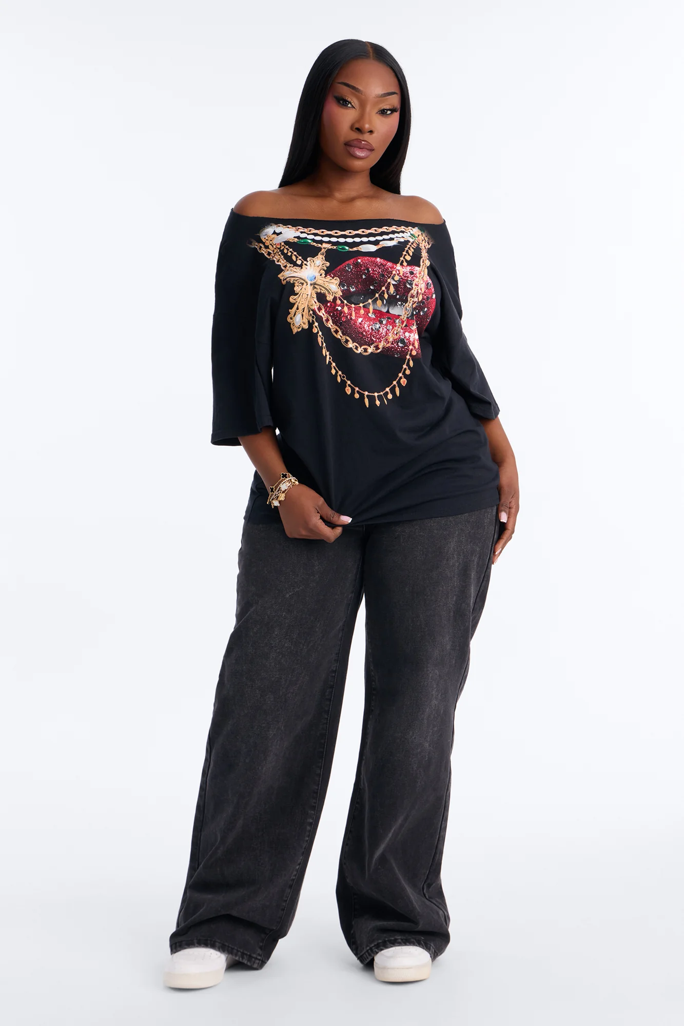 Gold Lips Off Shoulder Tee - Black - Image 6