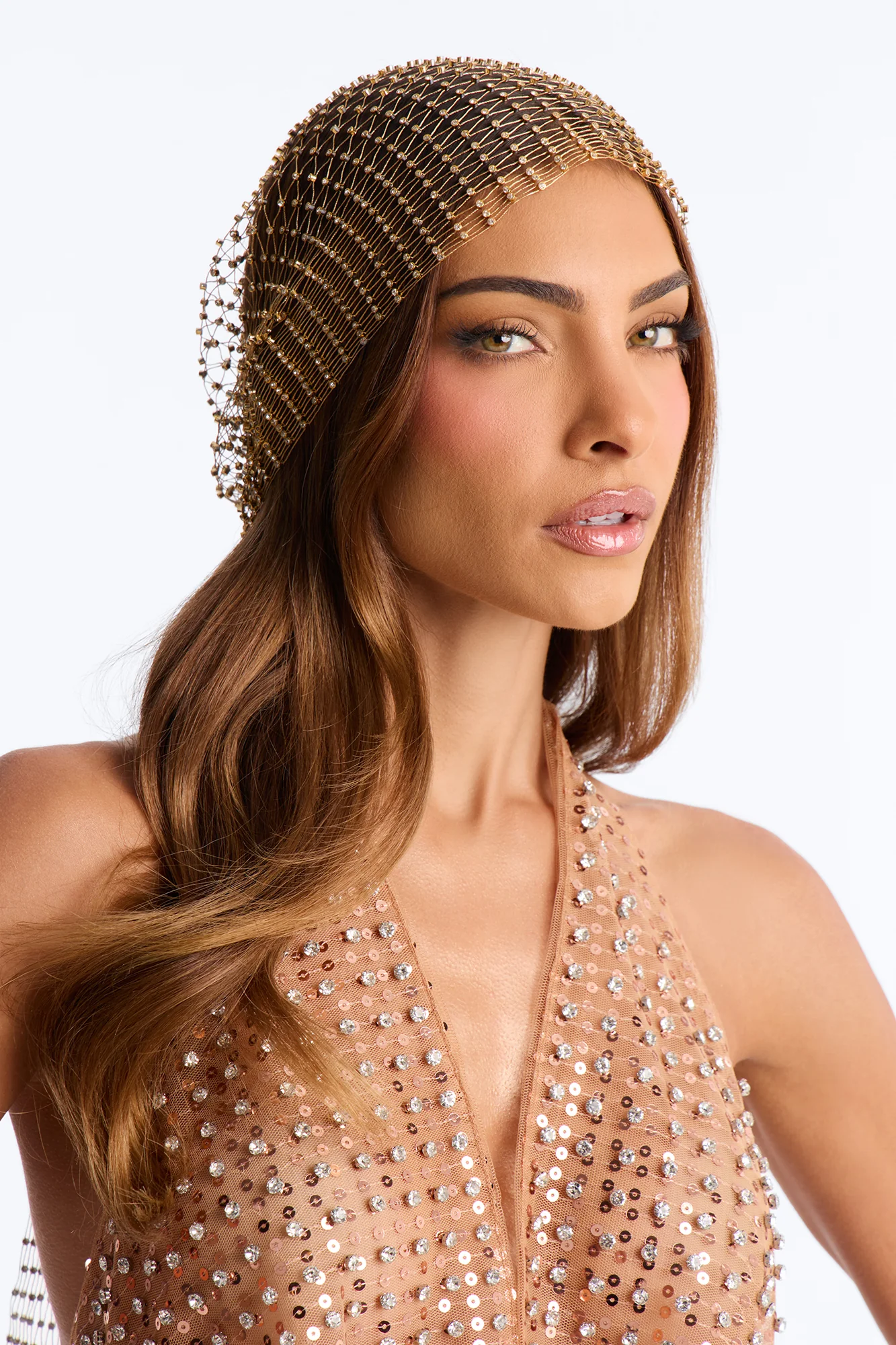 Golden Goddess Rhinestone Head Scarf - Gold