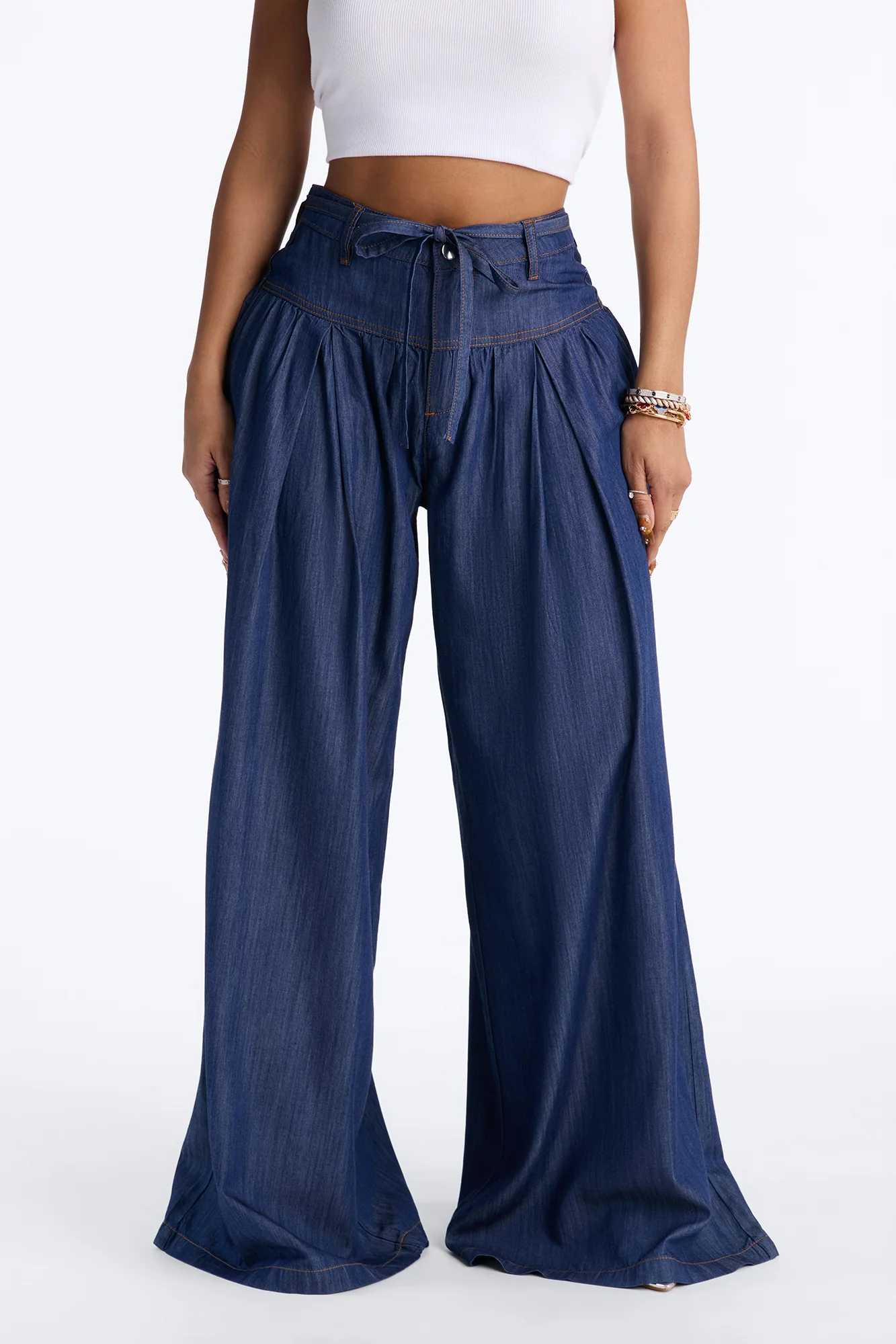 Golden Hour Chambray Tie Waist Pant 33″ - Dark Wash - Image 2