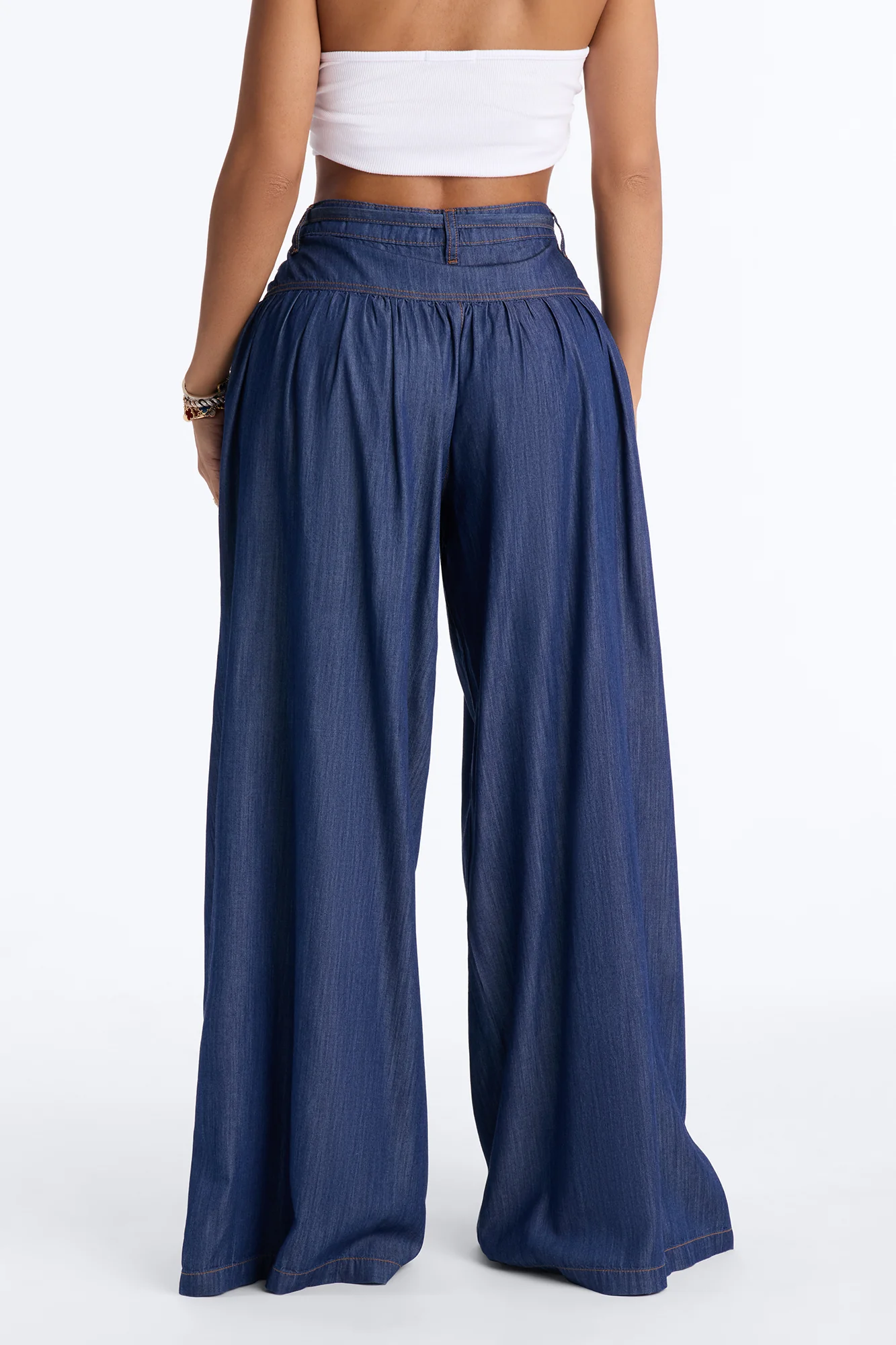 Golden Hour Chambray Tie Waist Pant 33″ - Dark Wash - Image 3