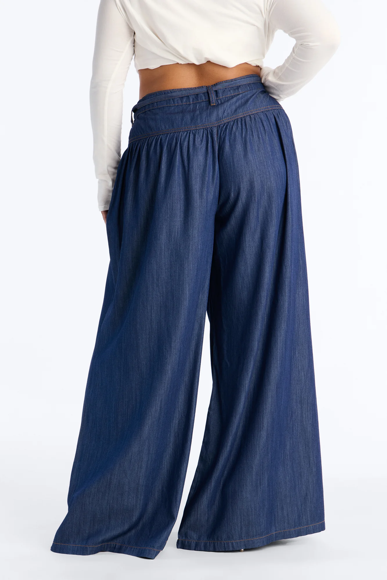 Golden Hour Chambray Tie Waist Pant 33″ - Dark Wash - Image 7