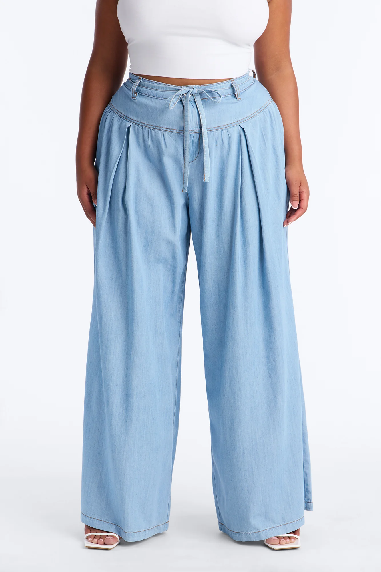 Golden Hour Chambray Tie Waist Pant 33″ - Light Wash - Image 6