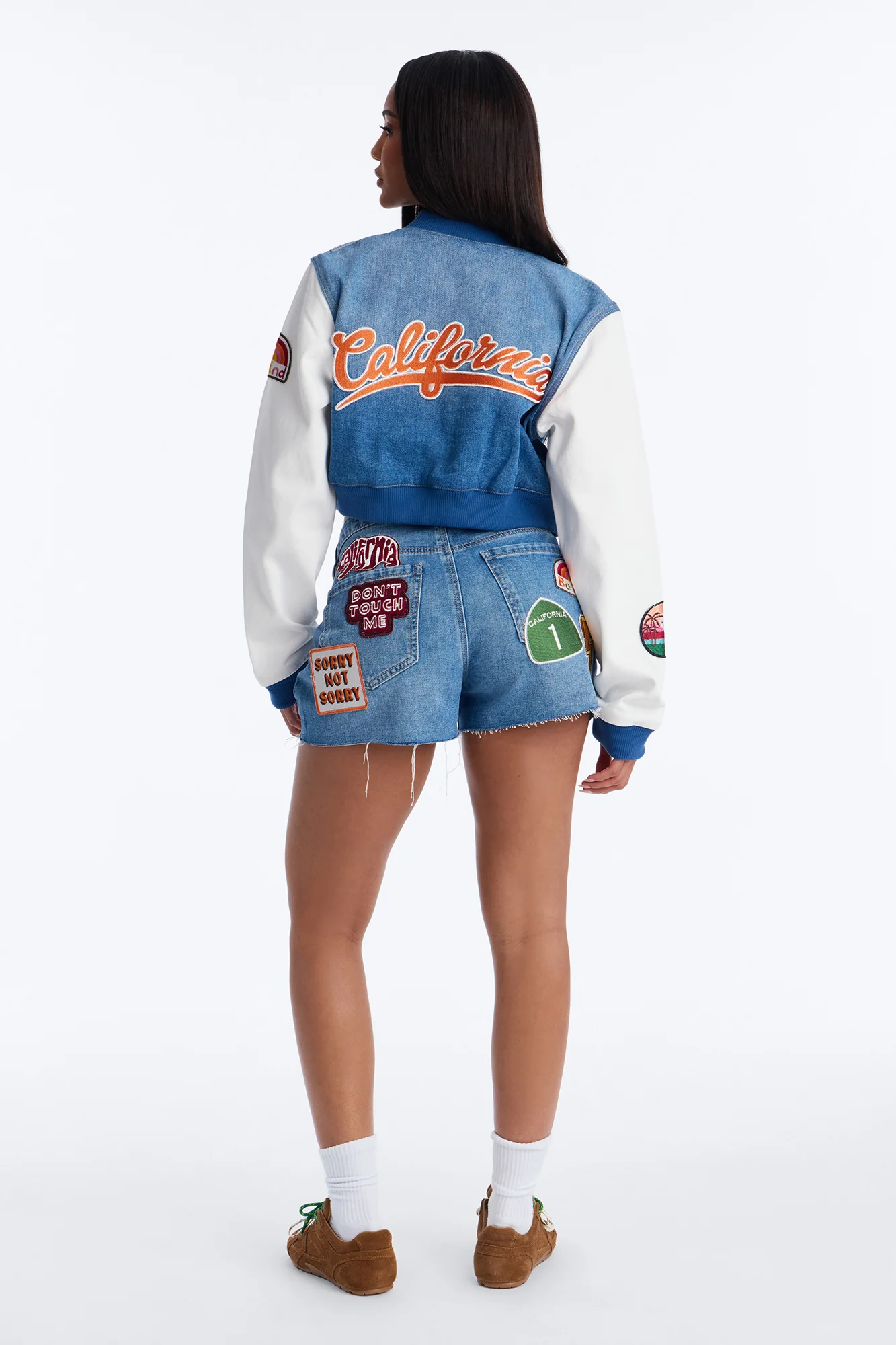 Golden State Cutie Patch Cut Off Denim Shorts - Medium Wash - Image 2