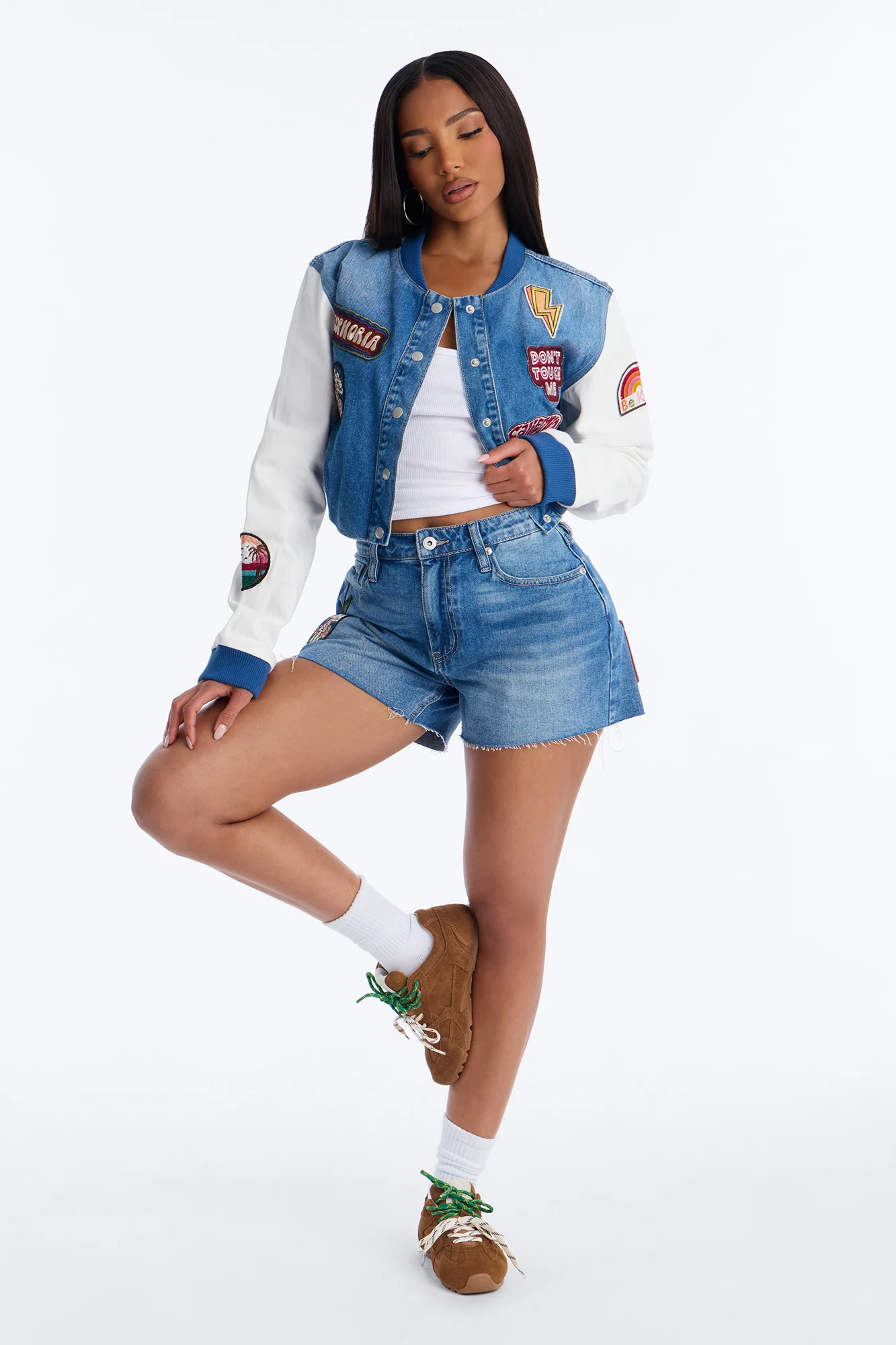 Golden State Cutie Patch Cut Off Denim Shorts - Medium Wash - Image 3