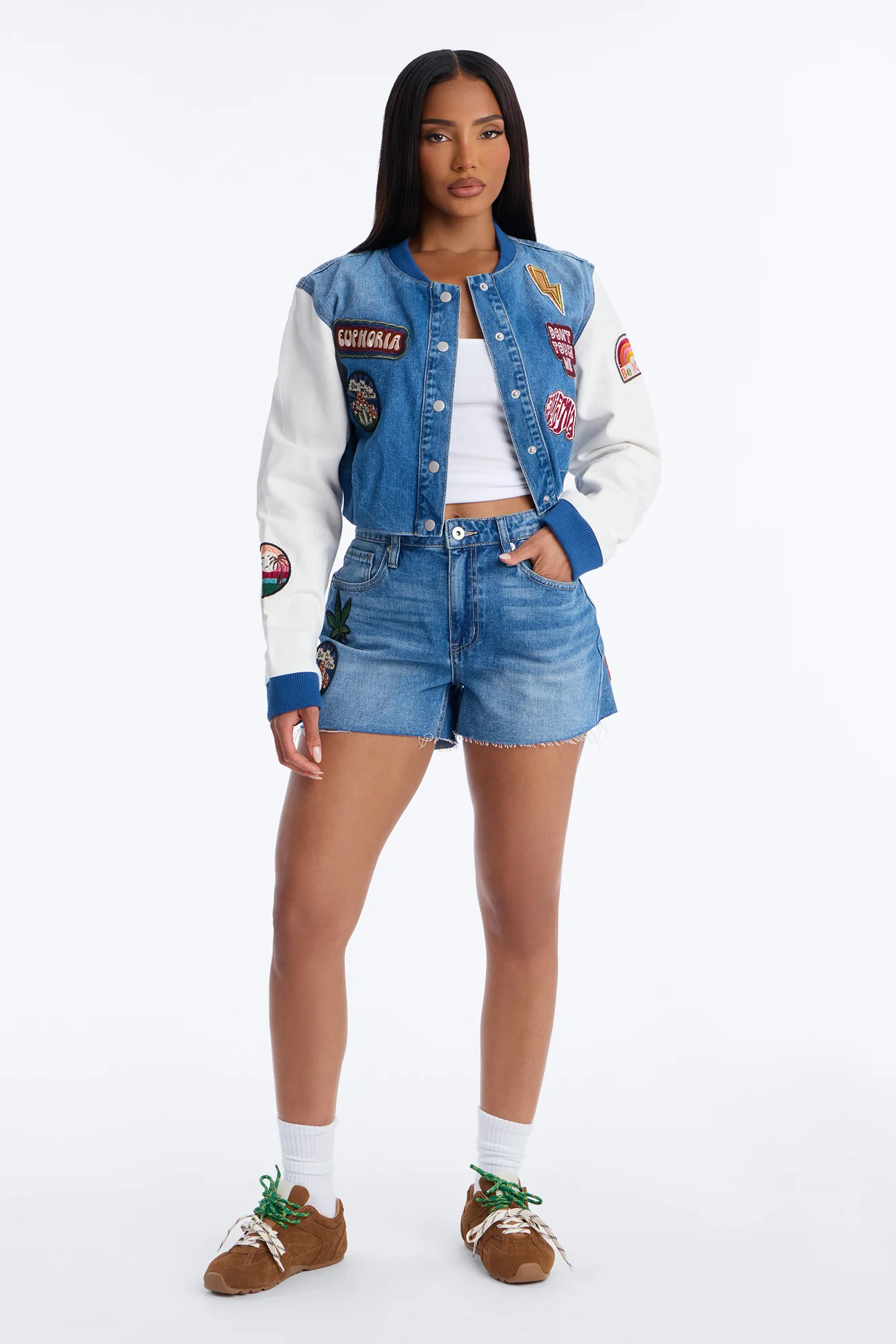 Golden State Cutie Patch Cut Off Denim Shorts - Medium Wash - Image 5