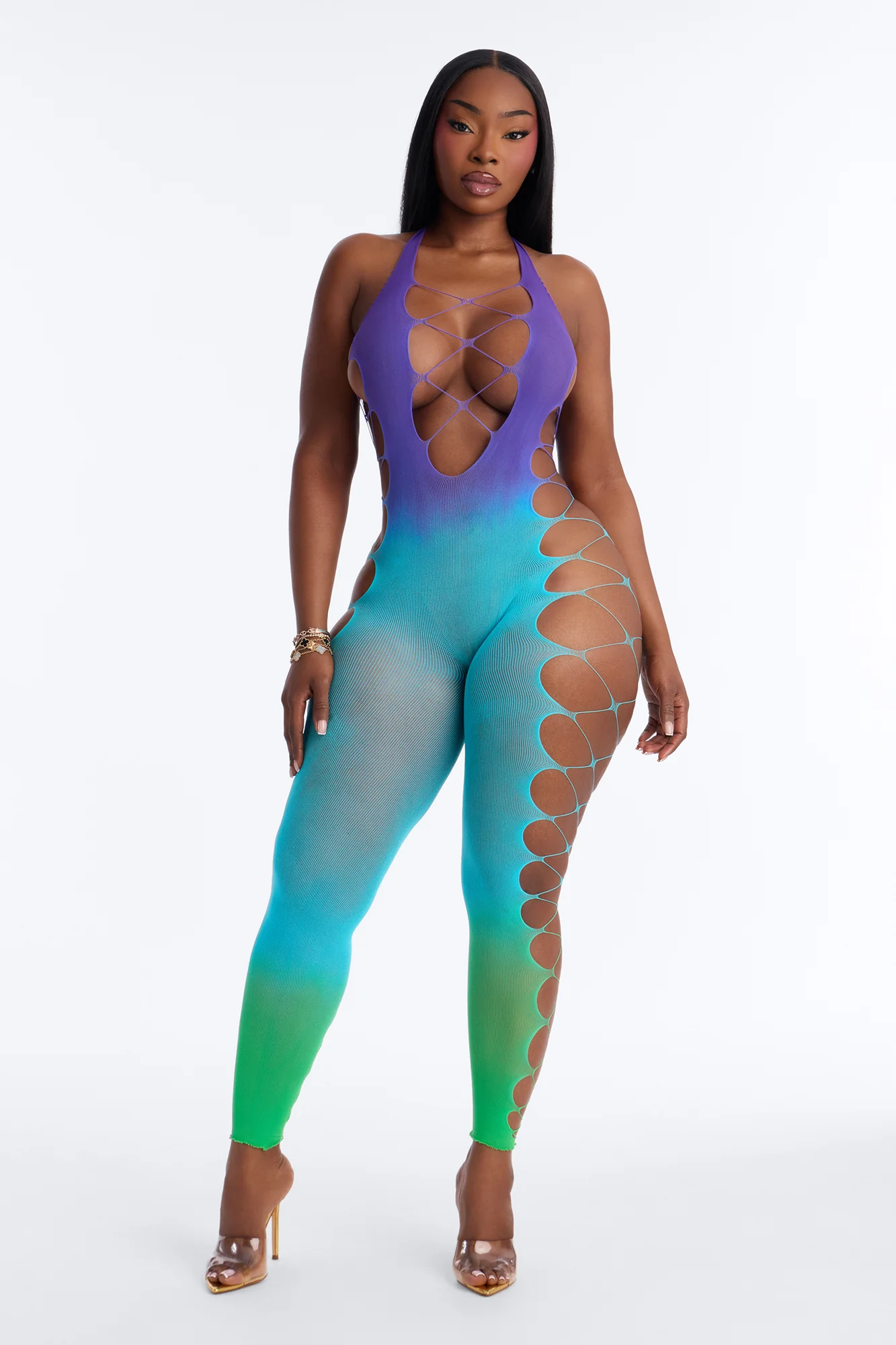 Good Attitude Ombre Fishnet Jumpsuit Bodystocking - Purple/combo - Image 5