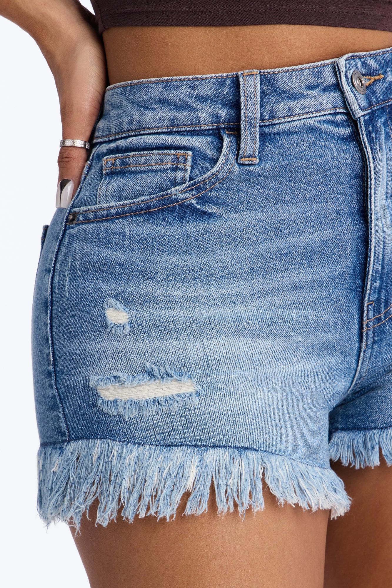 Good Taste Fray Hem Denim Shorts - Dark Wash - Image 3