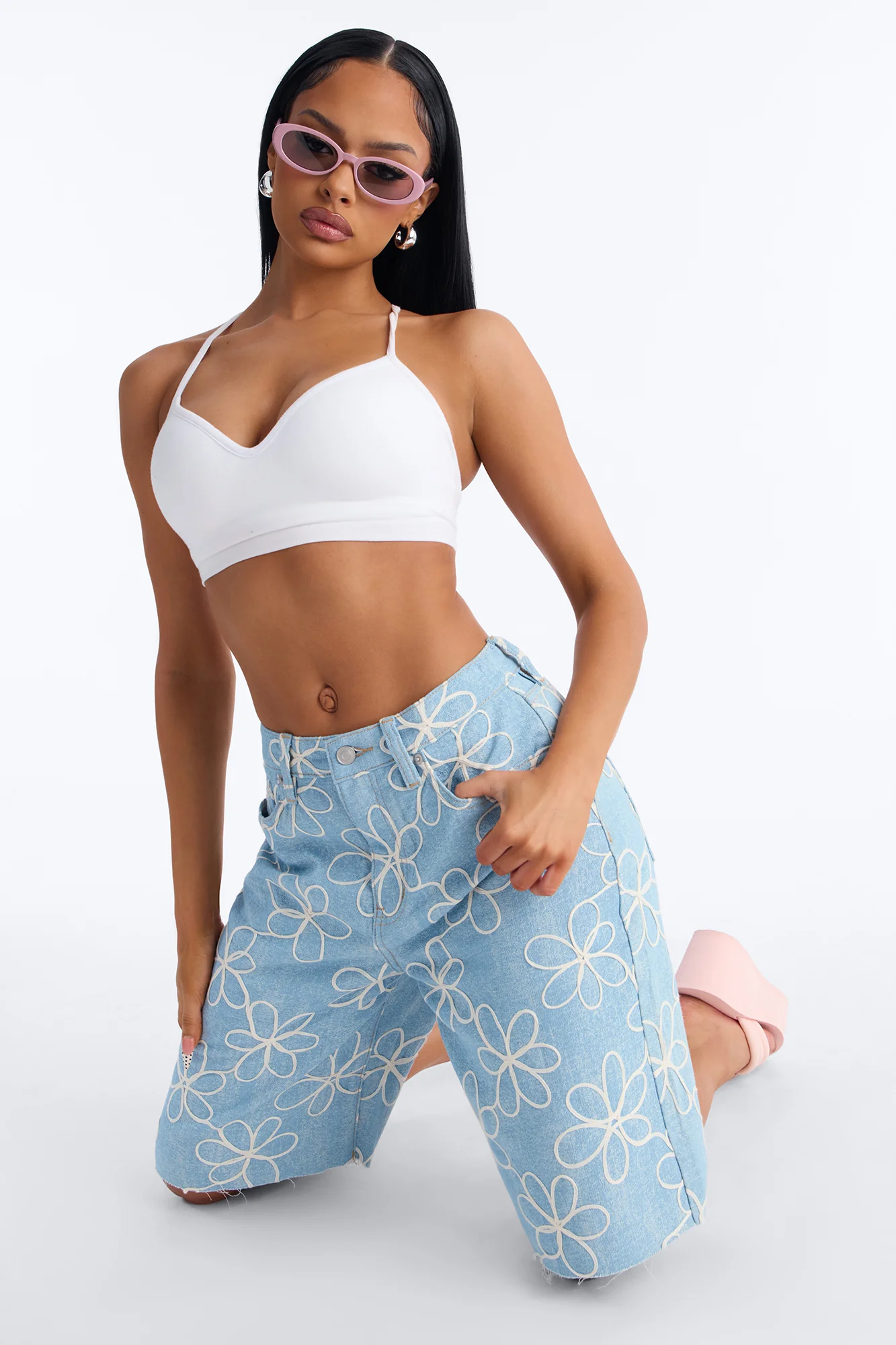 Good Vibes Embroidered Denim Jorts - Light Wash - Image 3