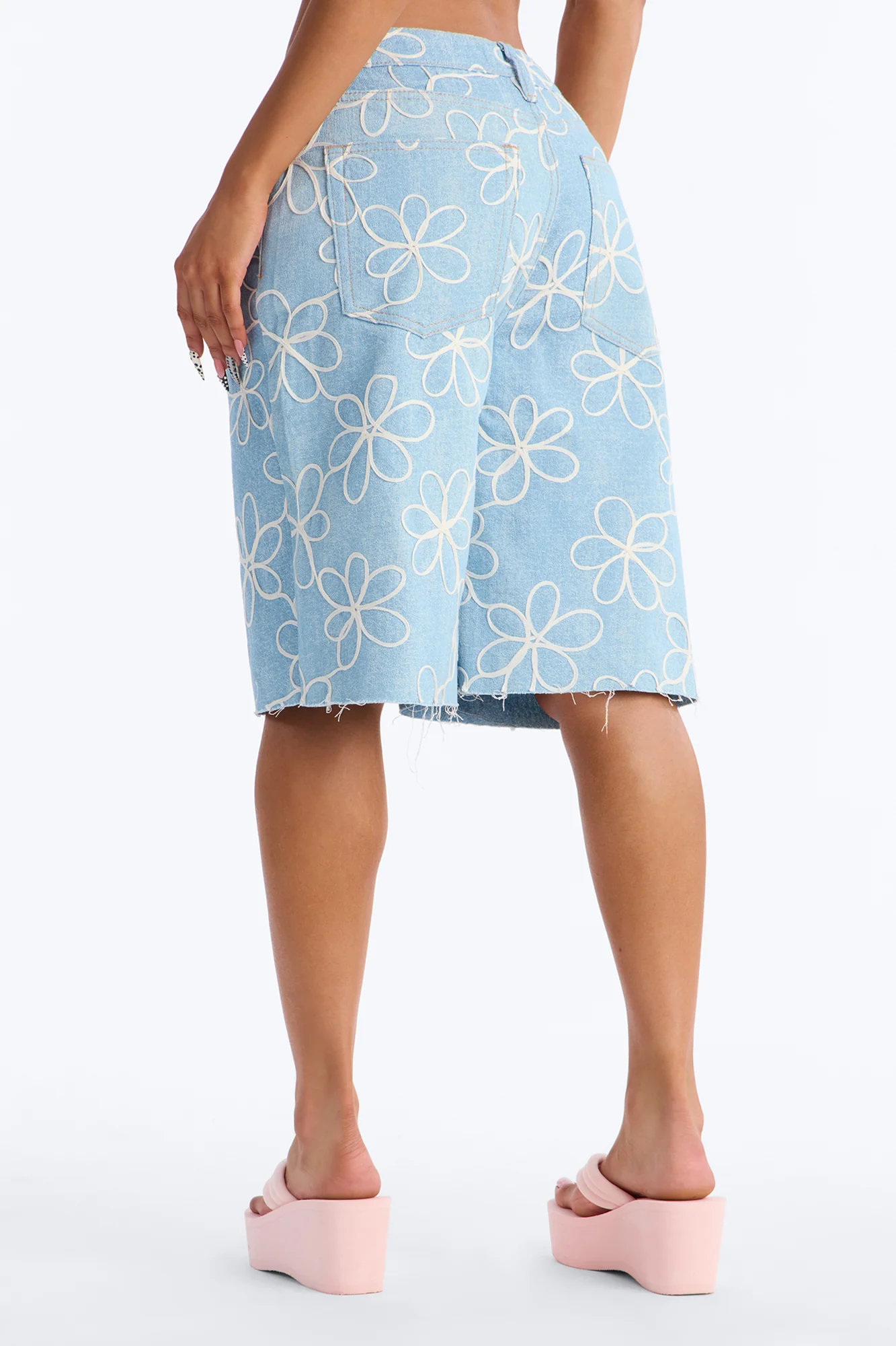 Good Vibes Embroidered Denim Jorts - Light Wash - Image 4