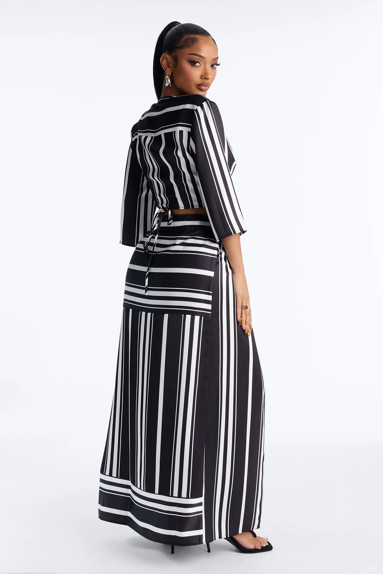 Good Vibes Only Striped Maxi Skirt Set - Black/White - Image 3