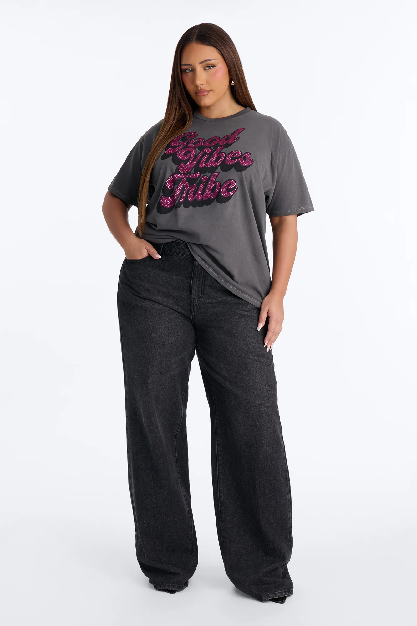 Good Vibes Tribe Washed Rhinestone Tshirt - Charcoal/combo - Image 5