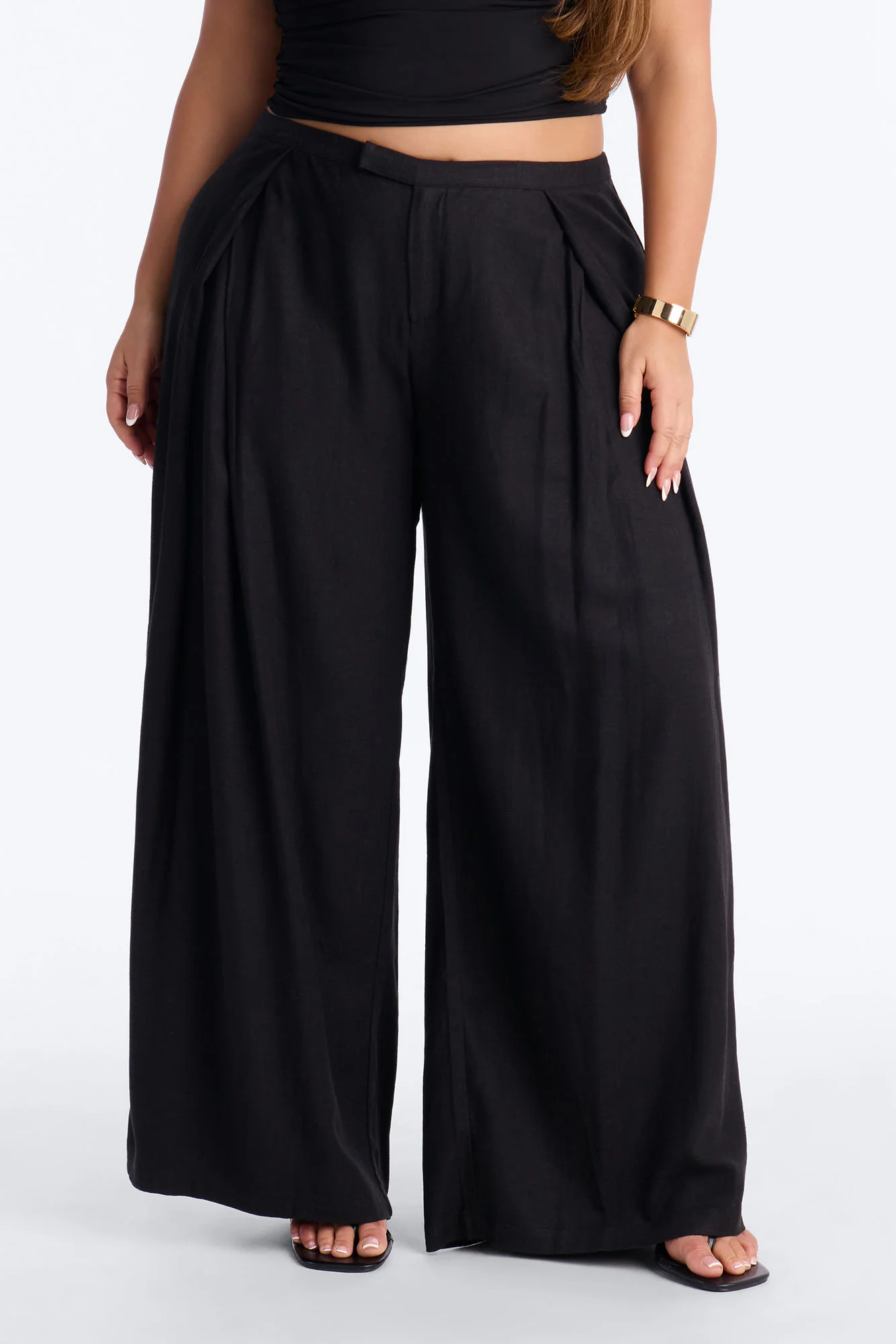 Gracie Low Rise Pleated Linen Wide Leg Trouser 33″ - Black - Image 6