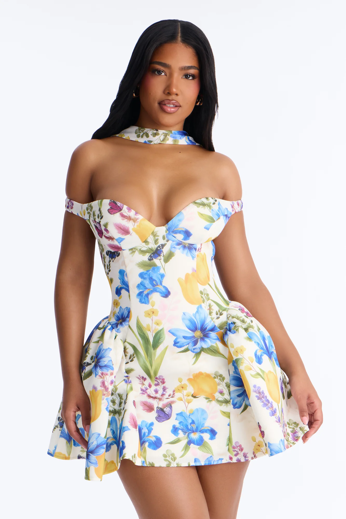 Grand Beauty Floral Off Shoulder Mini Dress - Blue/combo