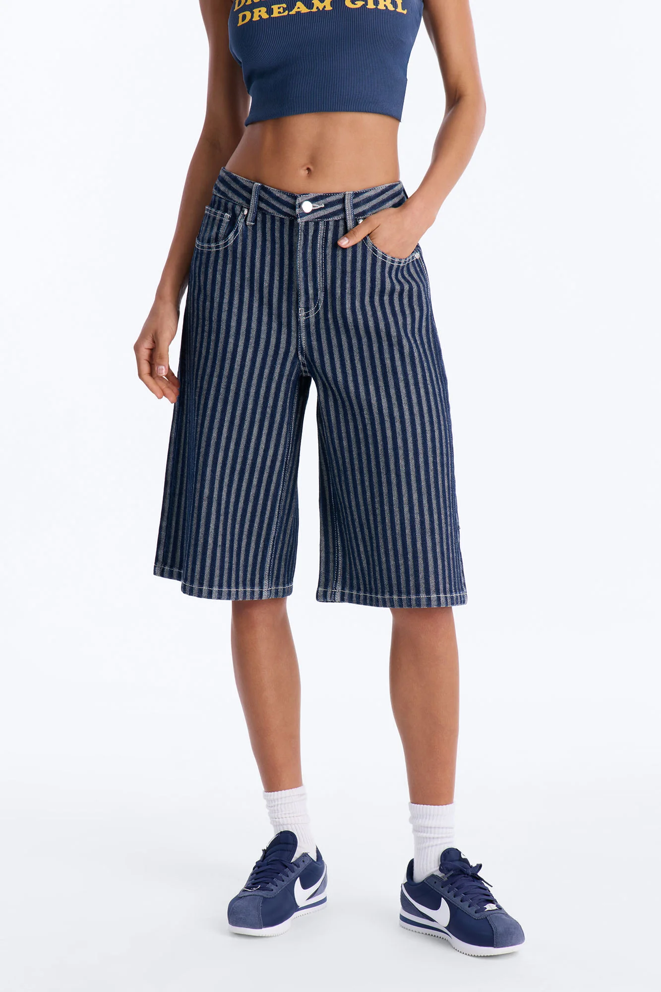 Grand Finish Striped Denim Jorts - Dark Wash