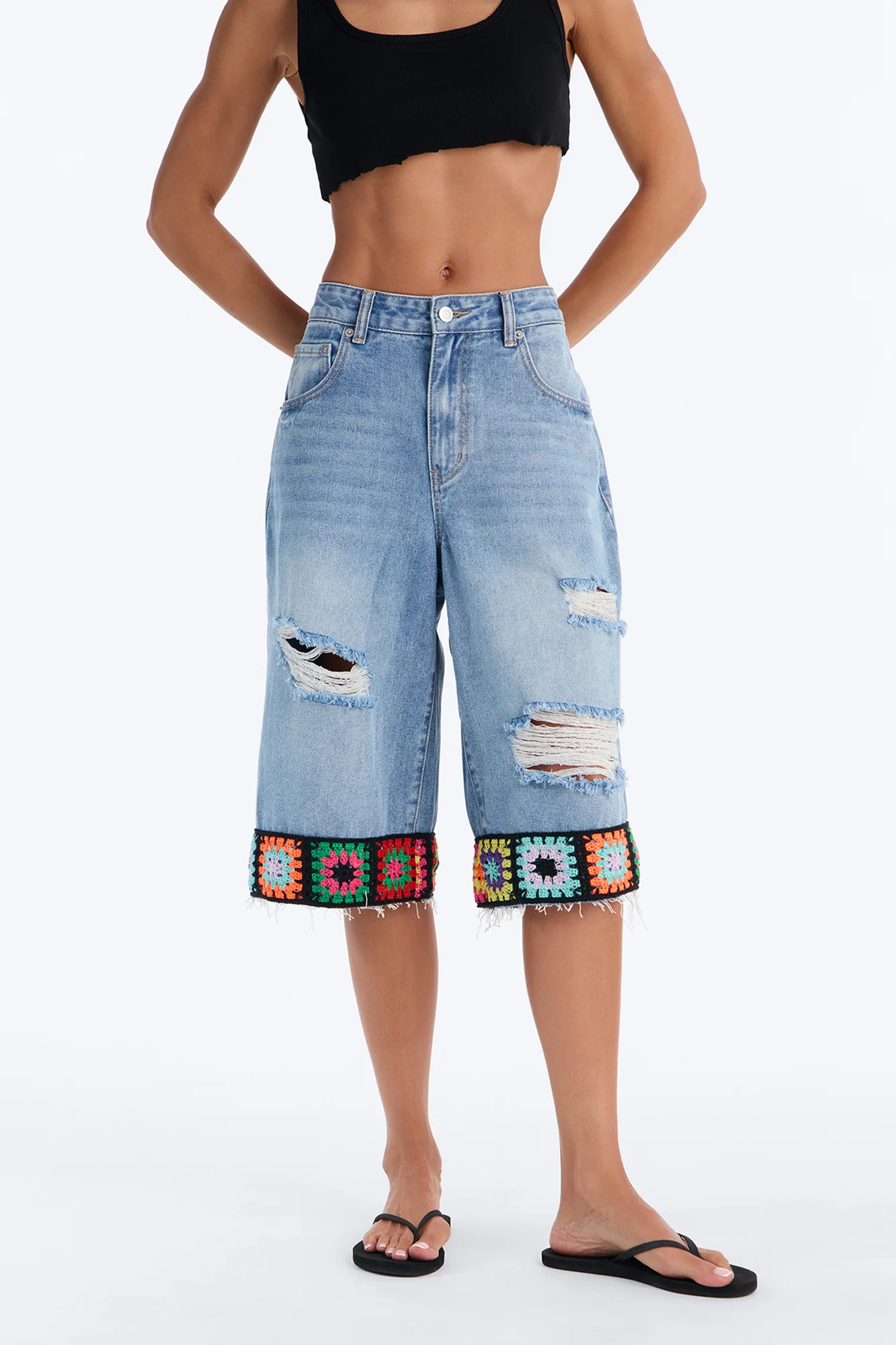 Granny Squares Crotchet Trim Ripped Denim Culottes - Medium Wash - Image 2
