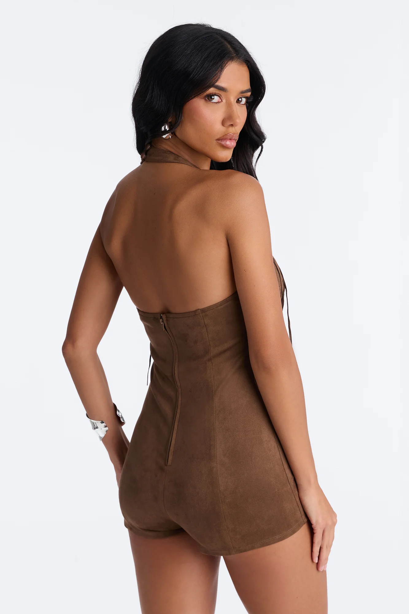 Greta Faux Suede Fringe Romper - Chocolate - Image 4