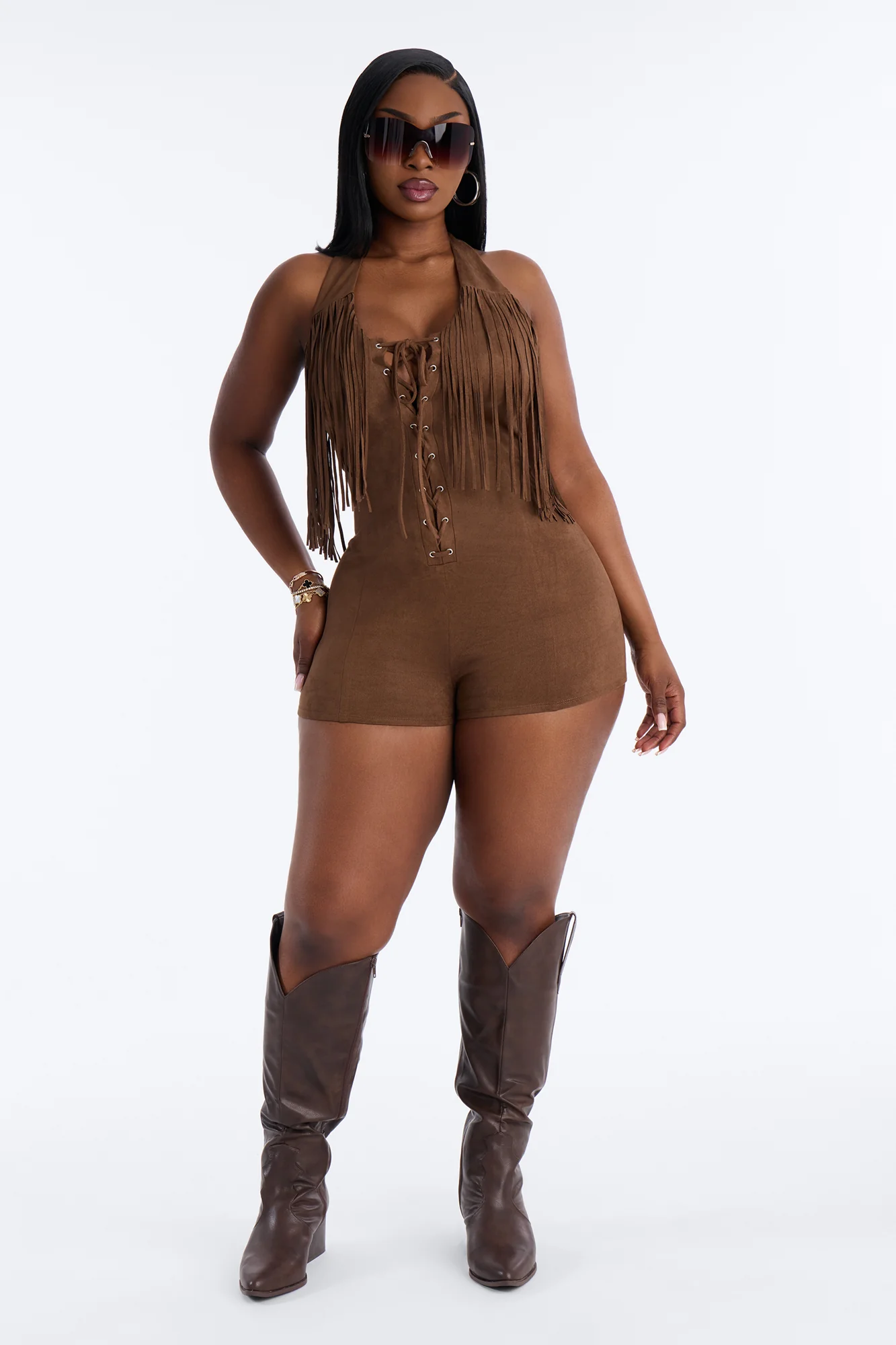 Greta Faux Suede Fringe Romper - Chocolate - Image 5