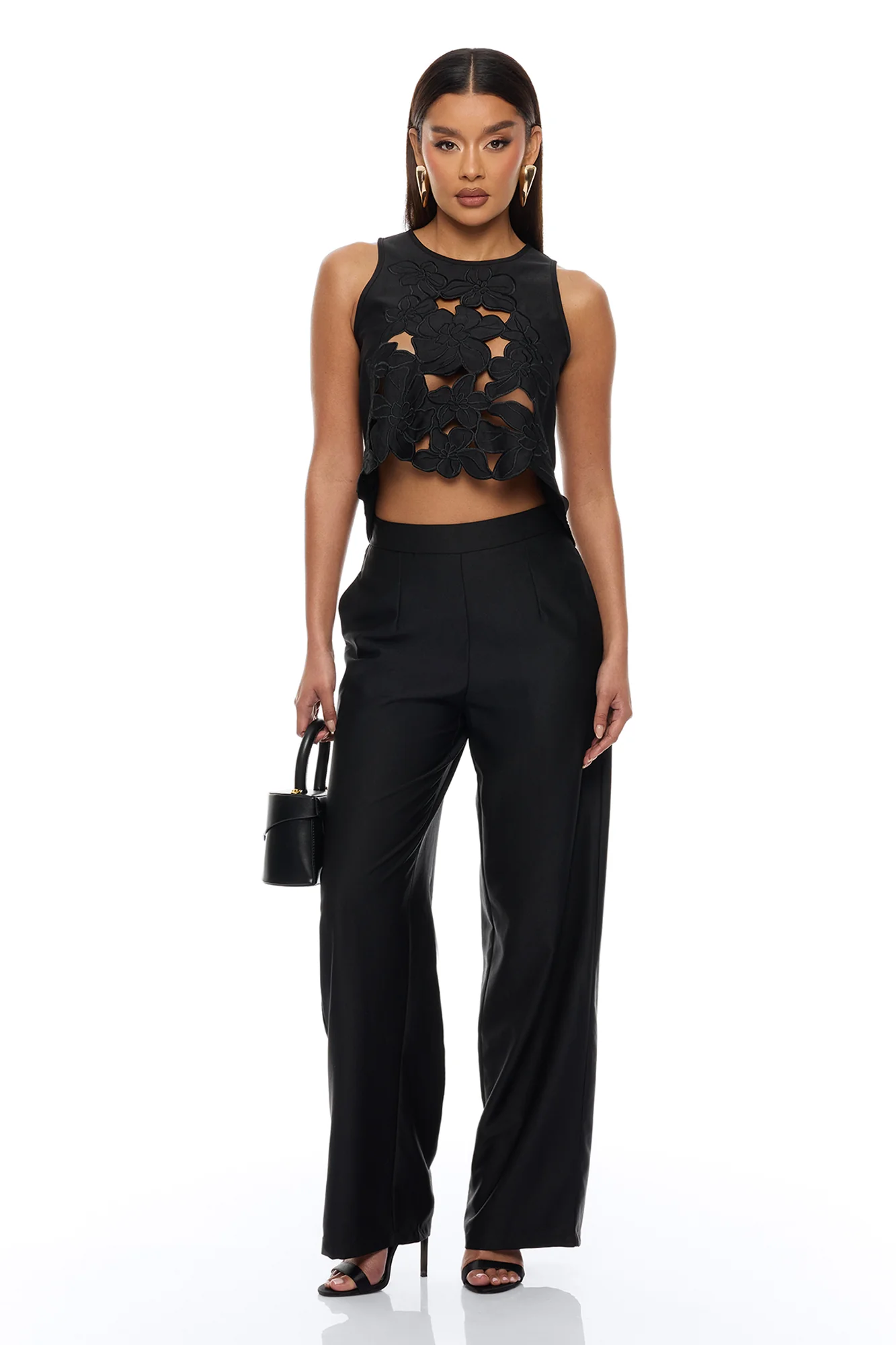 Greta Floral Embroidered Pant Set - Black