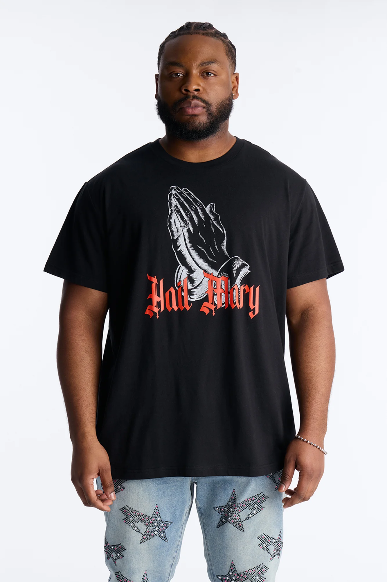 Hail Mary Praying Hands Graphic Short Sleeve Tee - Black - Image 4
