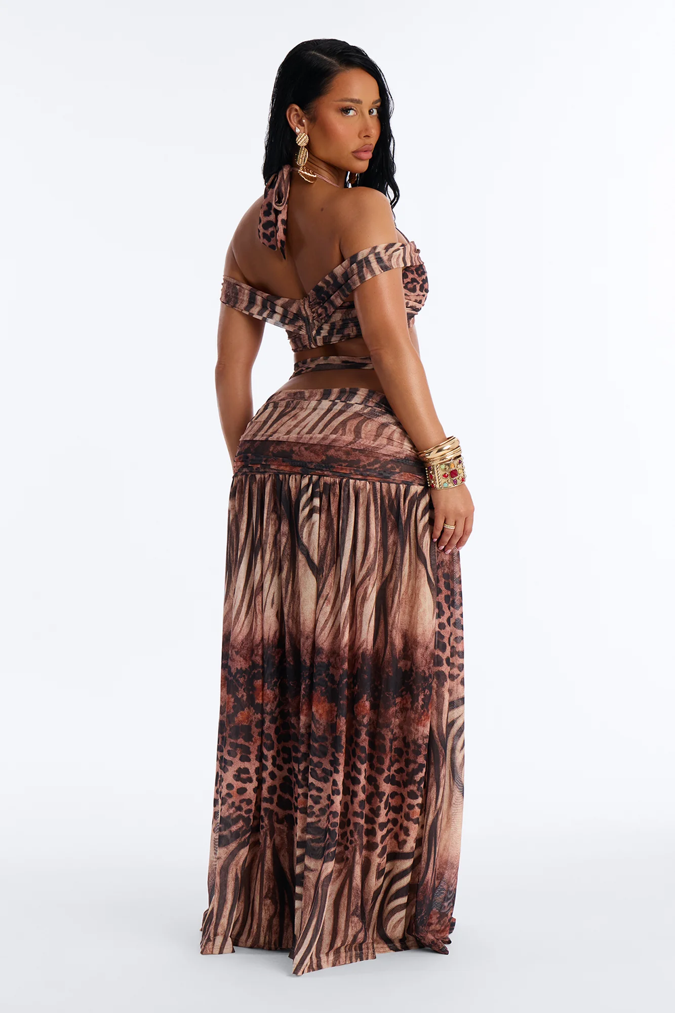 Hailey Animal Print Mesh Maxi Skirt Set - Brown Combo - Image 4