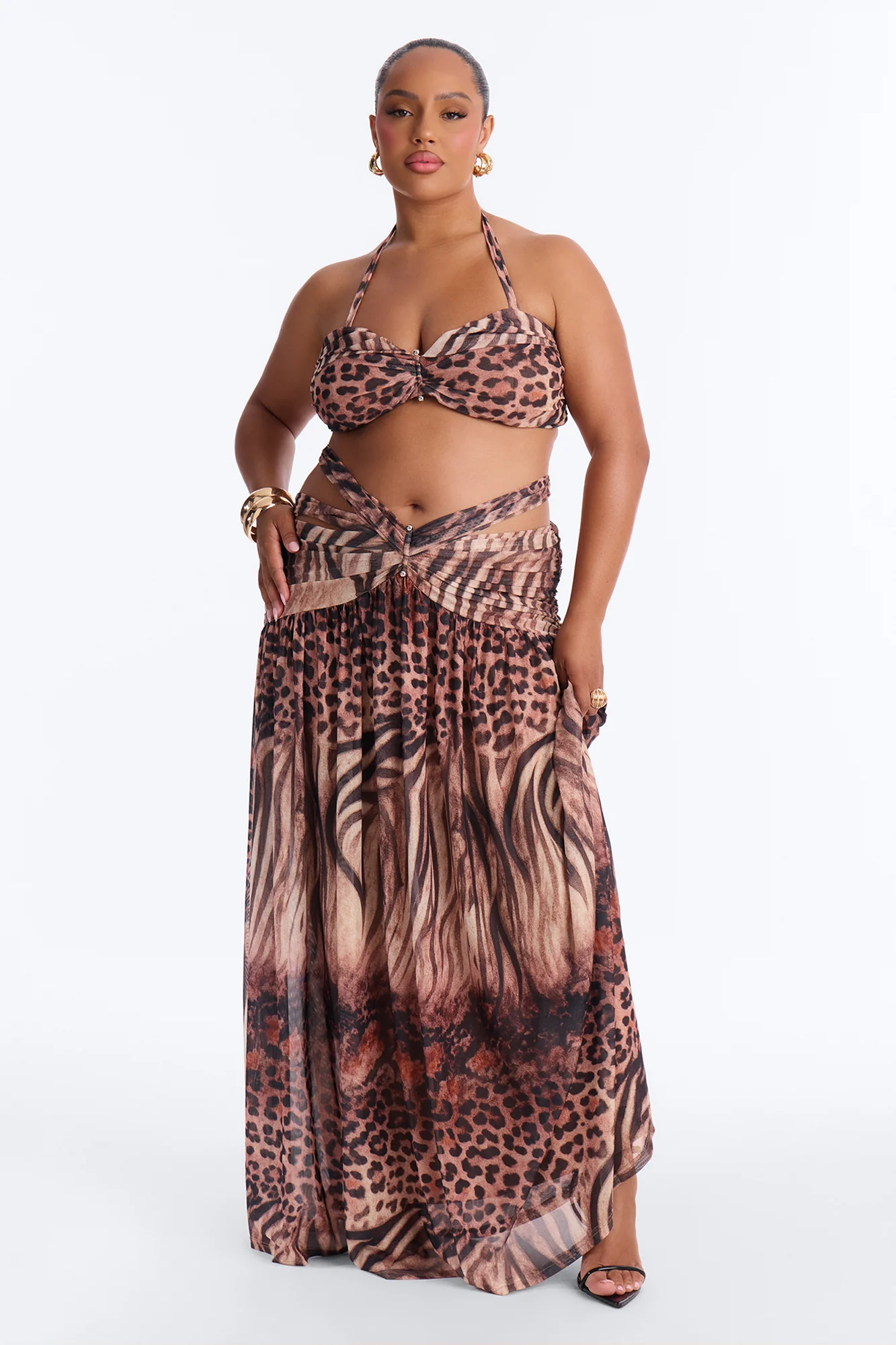 Hailey Animal Print Mesh Maxi Skirt Set - Brown Combo - Image 5