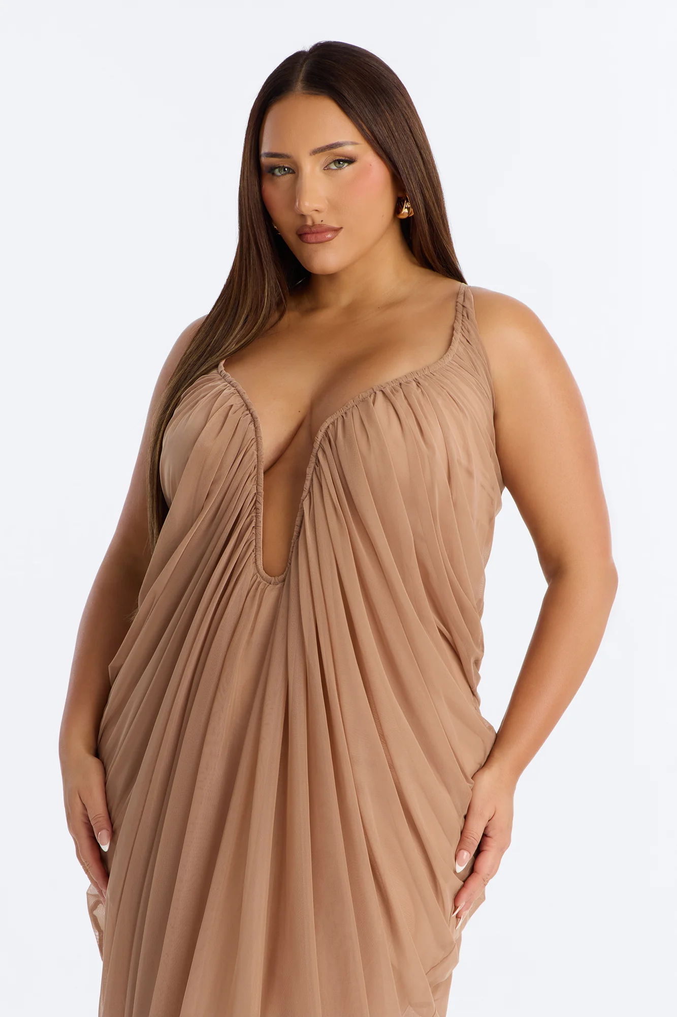 Hailey Draped Mesh Maxi Dress - Mocha - Image 6