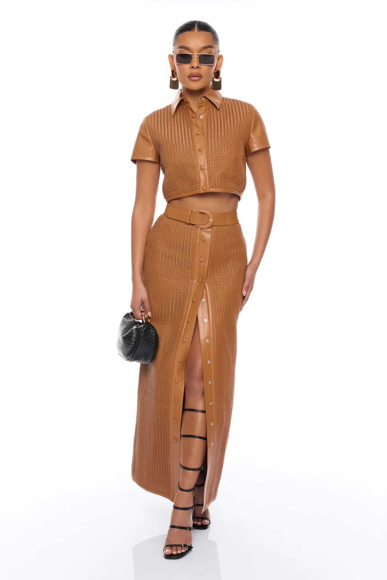 Hailey Faux Leather Collared Top - Cognac