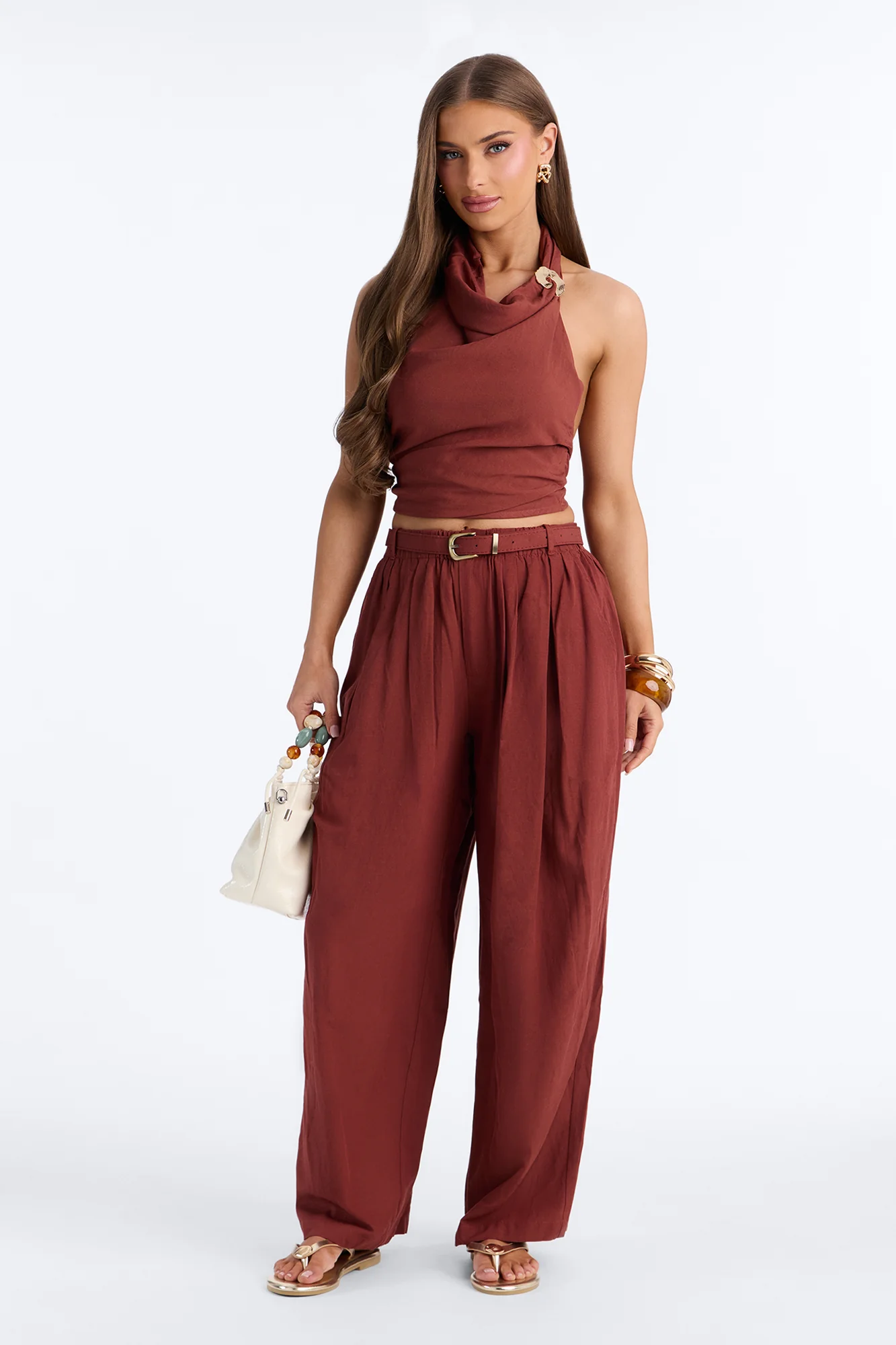 Hailey Halter Linen Pant Set - Marsala