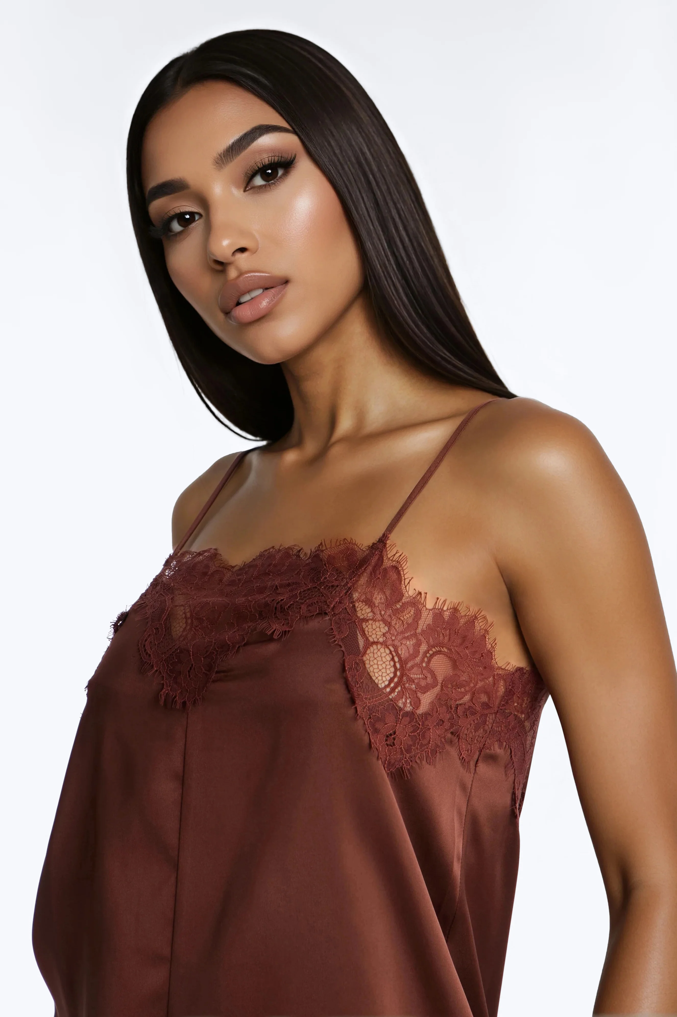 Hailey Lace Trim Satin Romper - Chocolate - Image 3