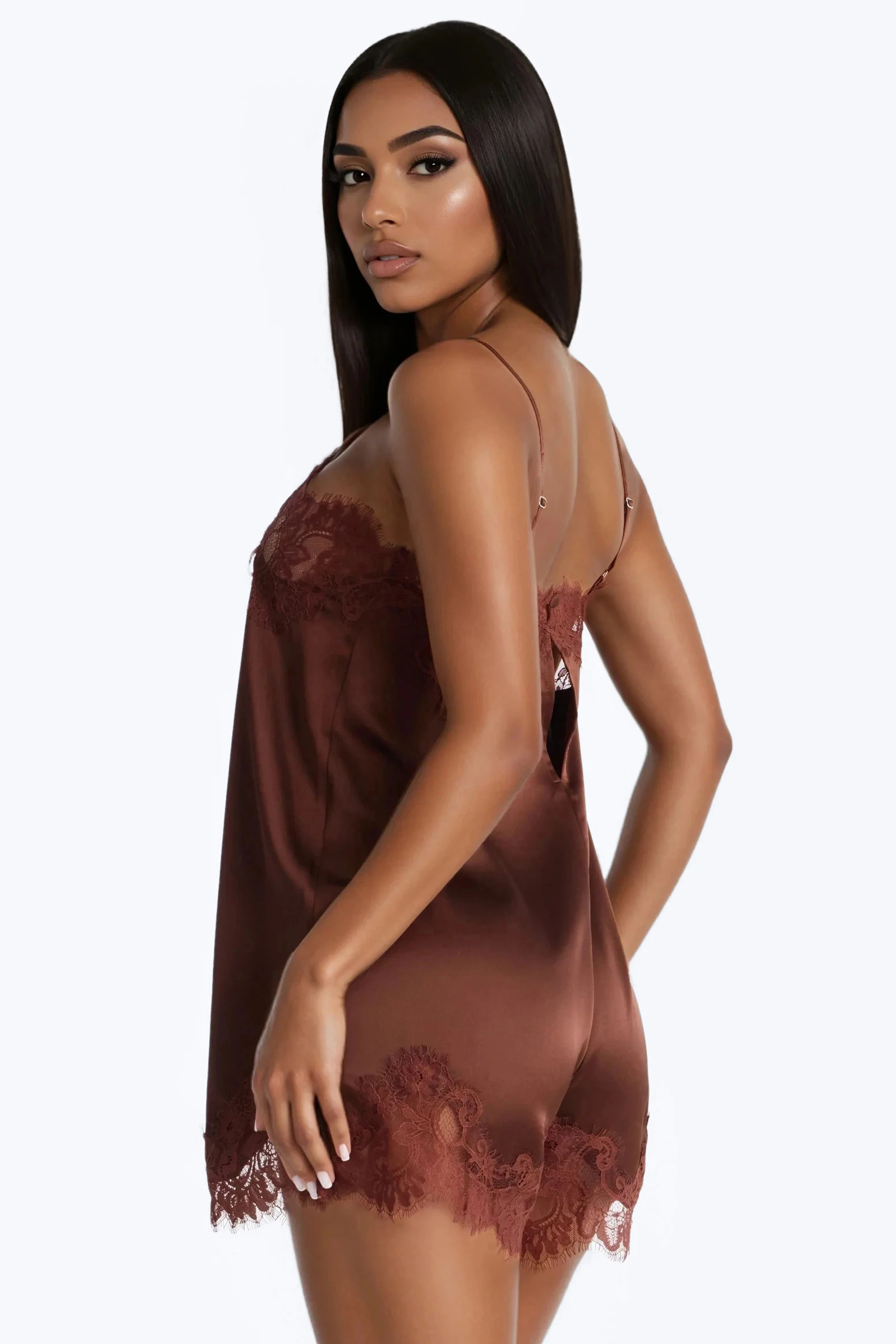 Hailey Lace Trim Satin Romper - Chocolate - Image 4