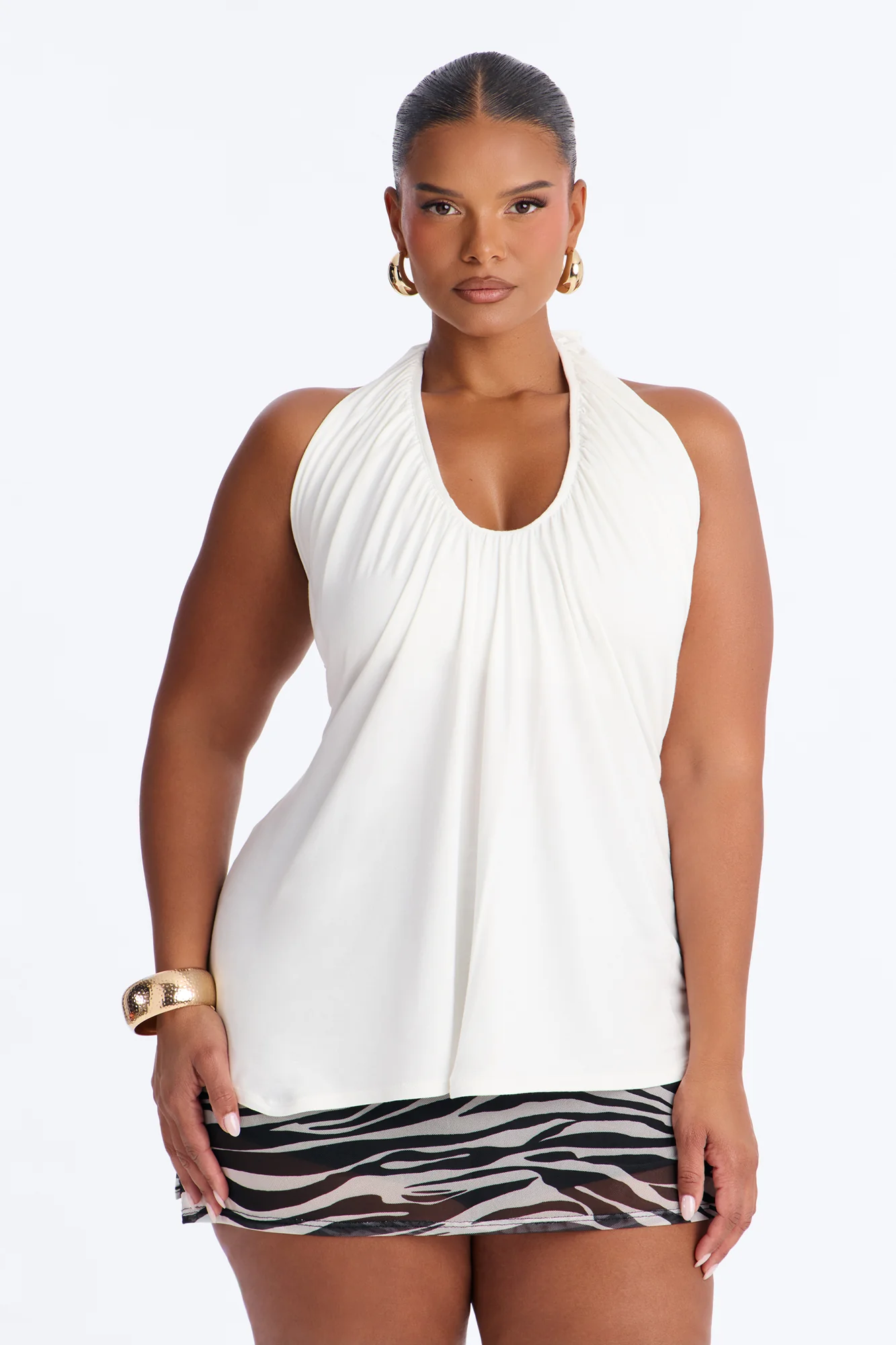 Hailey Ruched Scoop Neck Halter Top - Ivory - Image 6