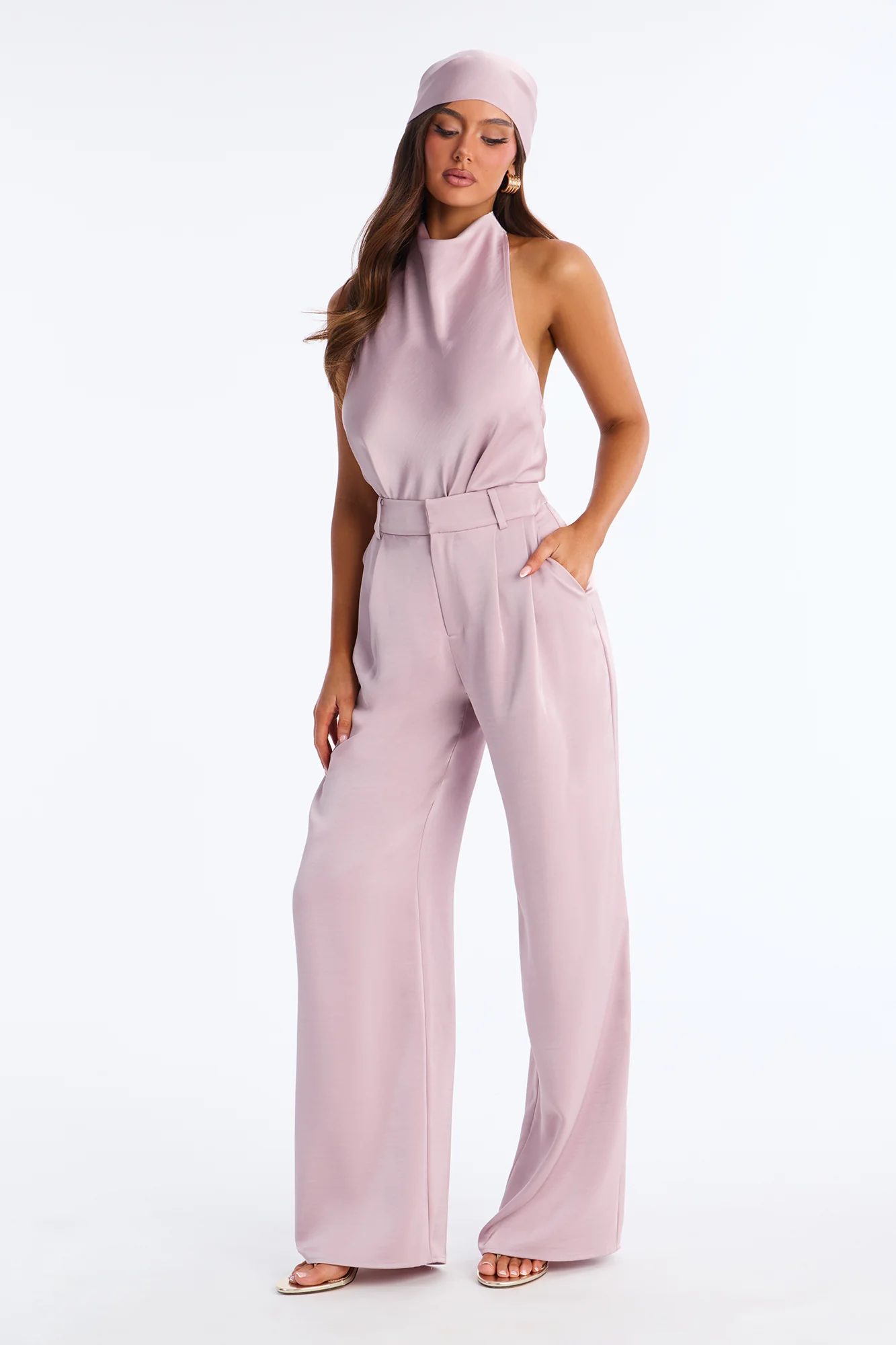 Hailey Satin Halter Bodysuit 3 Piece Pant Set - Mauve