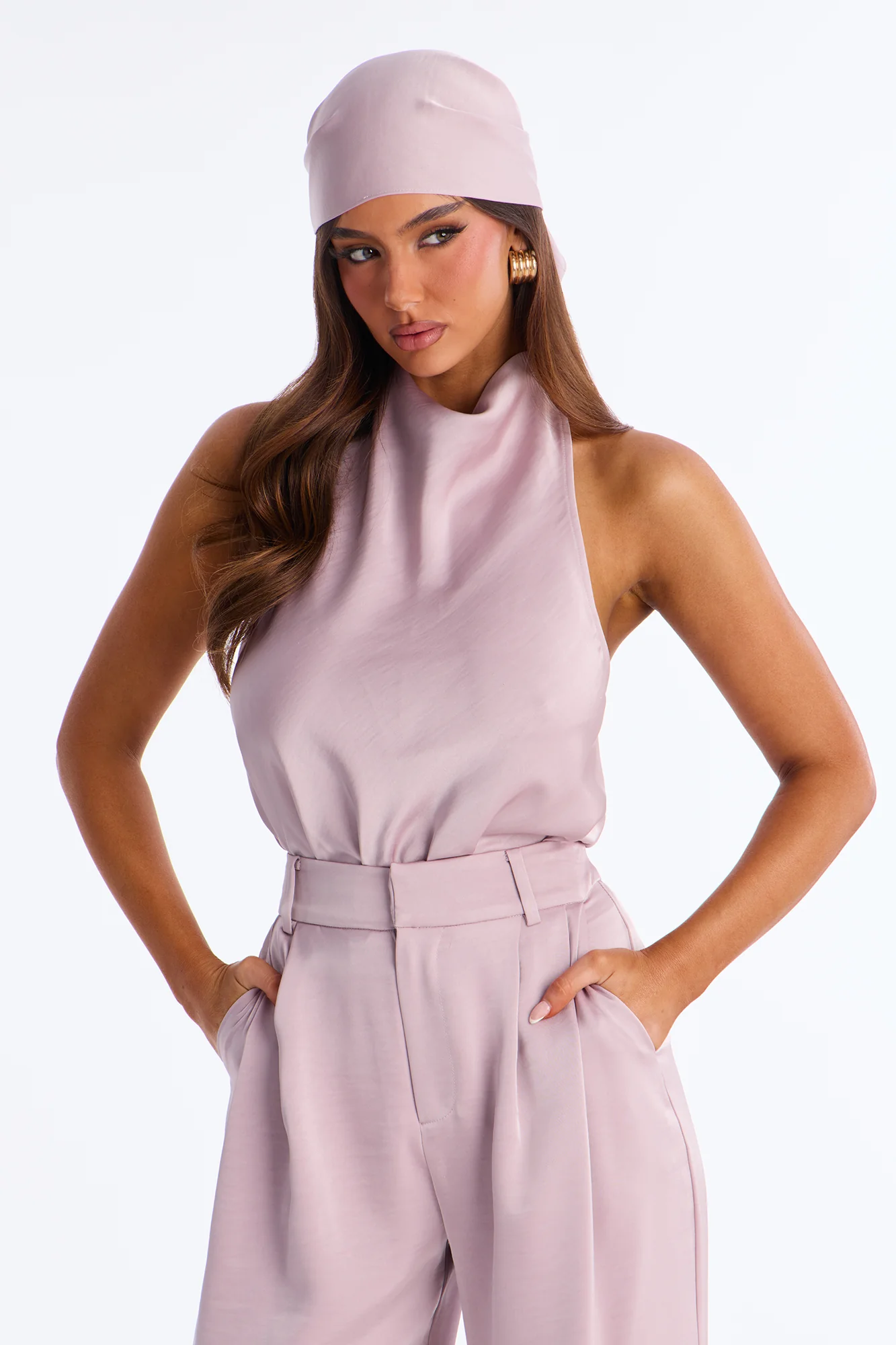 Hailey Satin Halter Bodysuit 3 Piece Pant Set - Mauve - Image 3