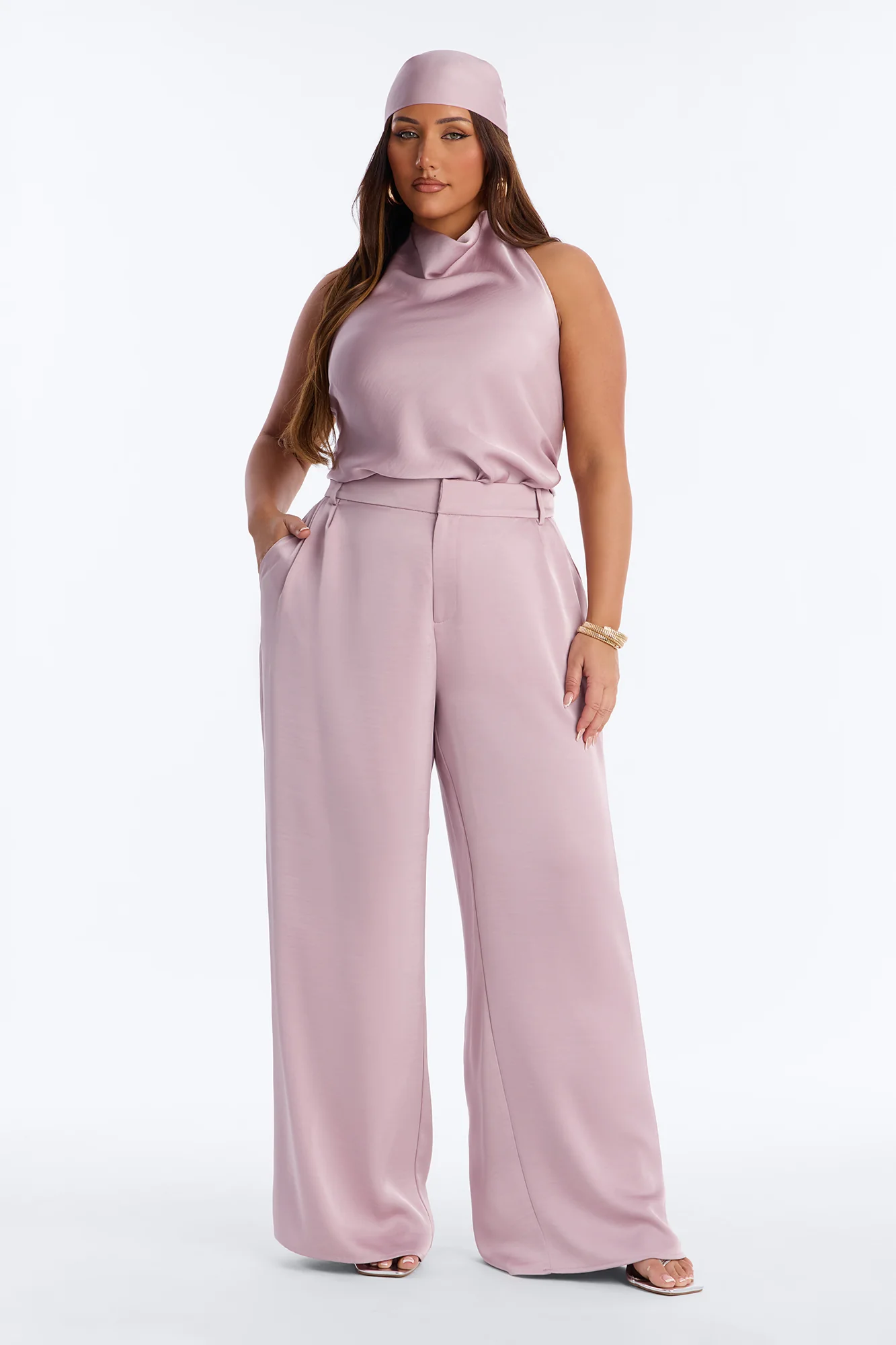 Hailey Satin Halter Bodysuit 3 Piece Pant Set - Mauve - Image 5
