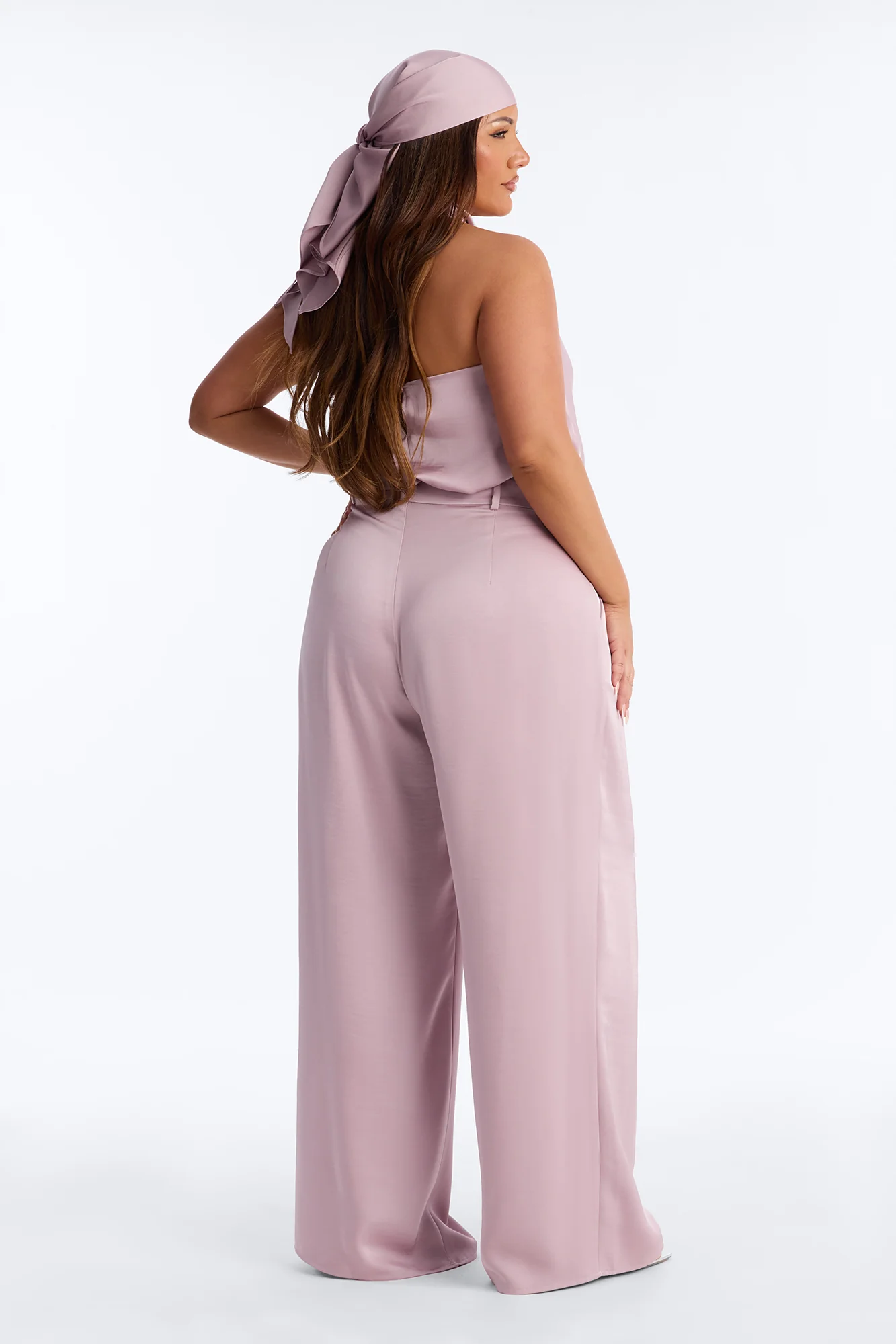 Hailey Satin Halter Bodysuit 3 Piece Pant Set - Mauve - Image 9